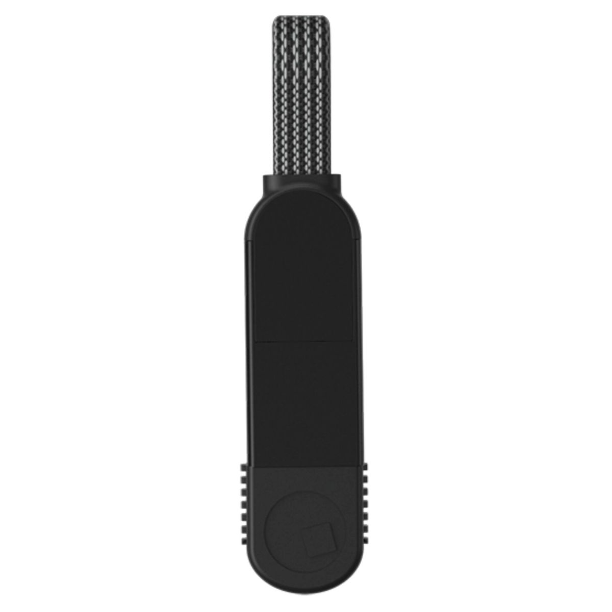 Caricatore USB nero, rettangolare, con manico strutturato. È in piedi su sfondo bianco.
