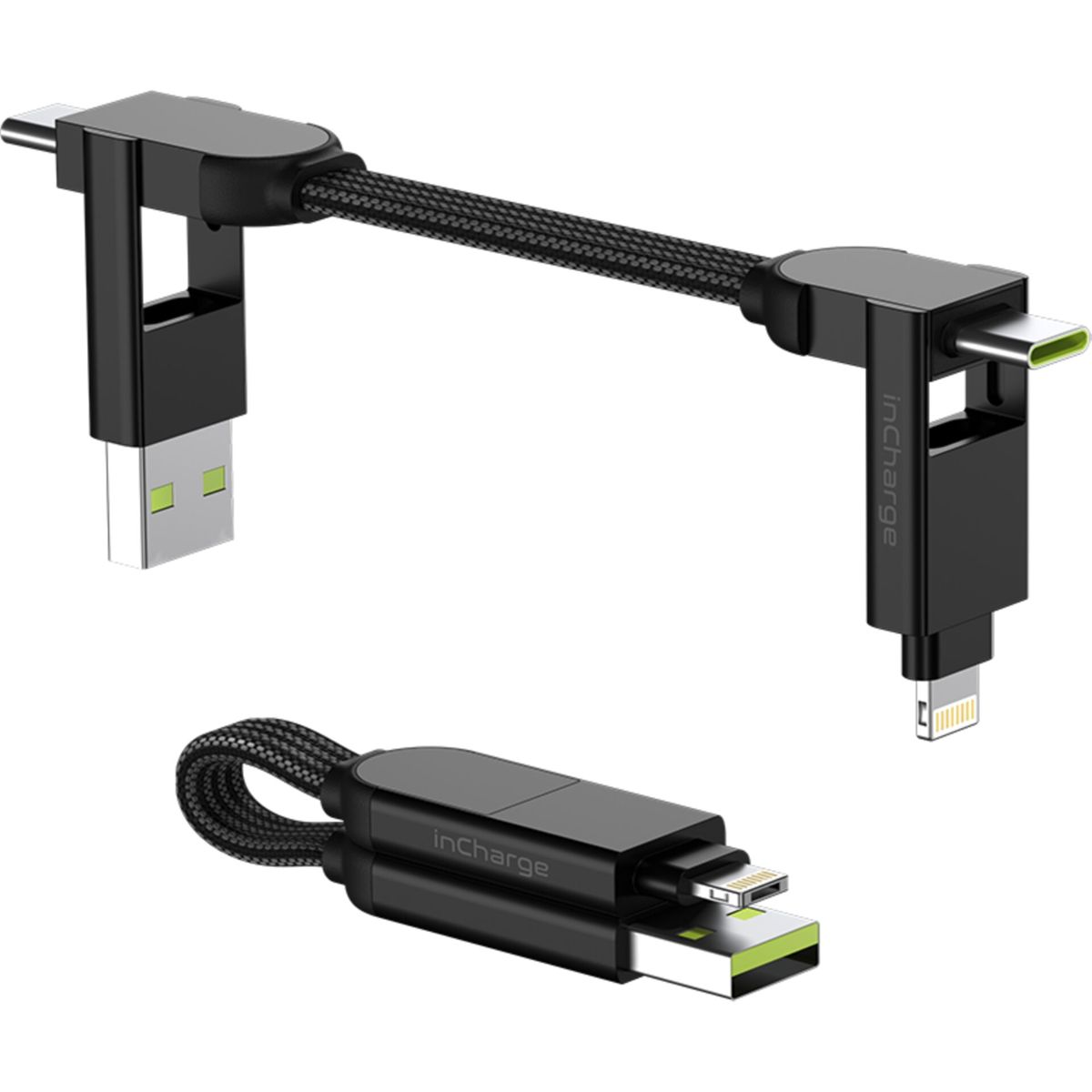 Caricatore USB multiporta nero con diverse porte, tra cui USB-A, USB-C e Lightning.