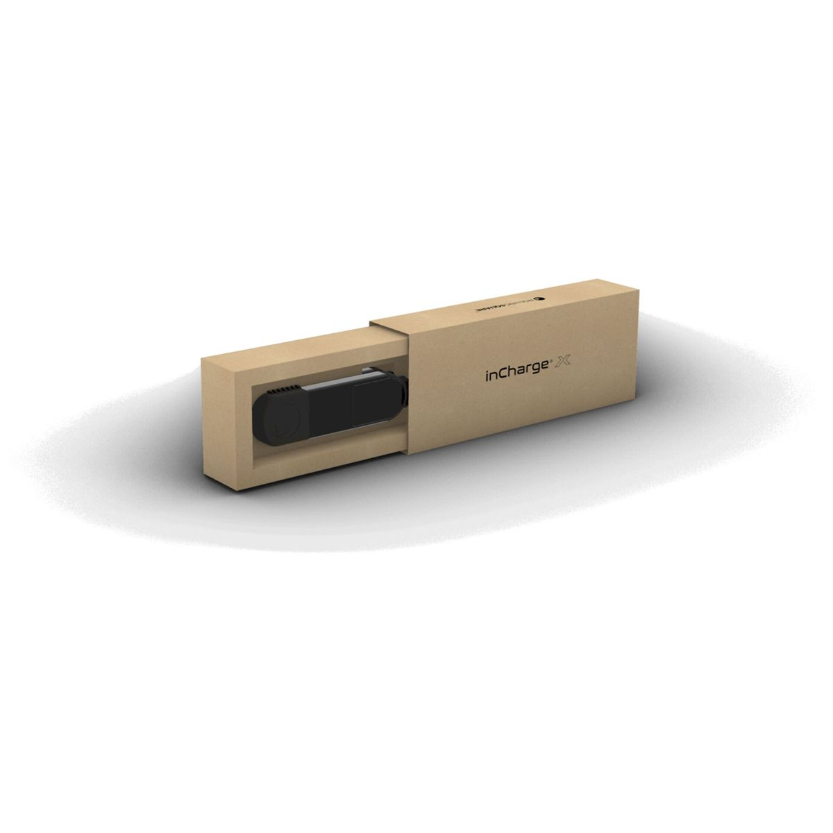Caricatore USB nero posto all'interno di una scatola di cartone con il marchio 'inCharge X'.