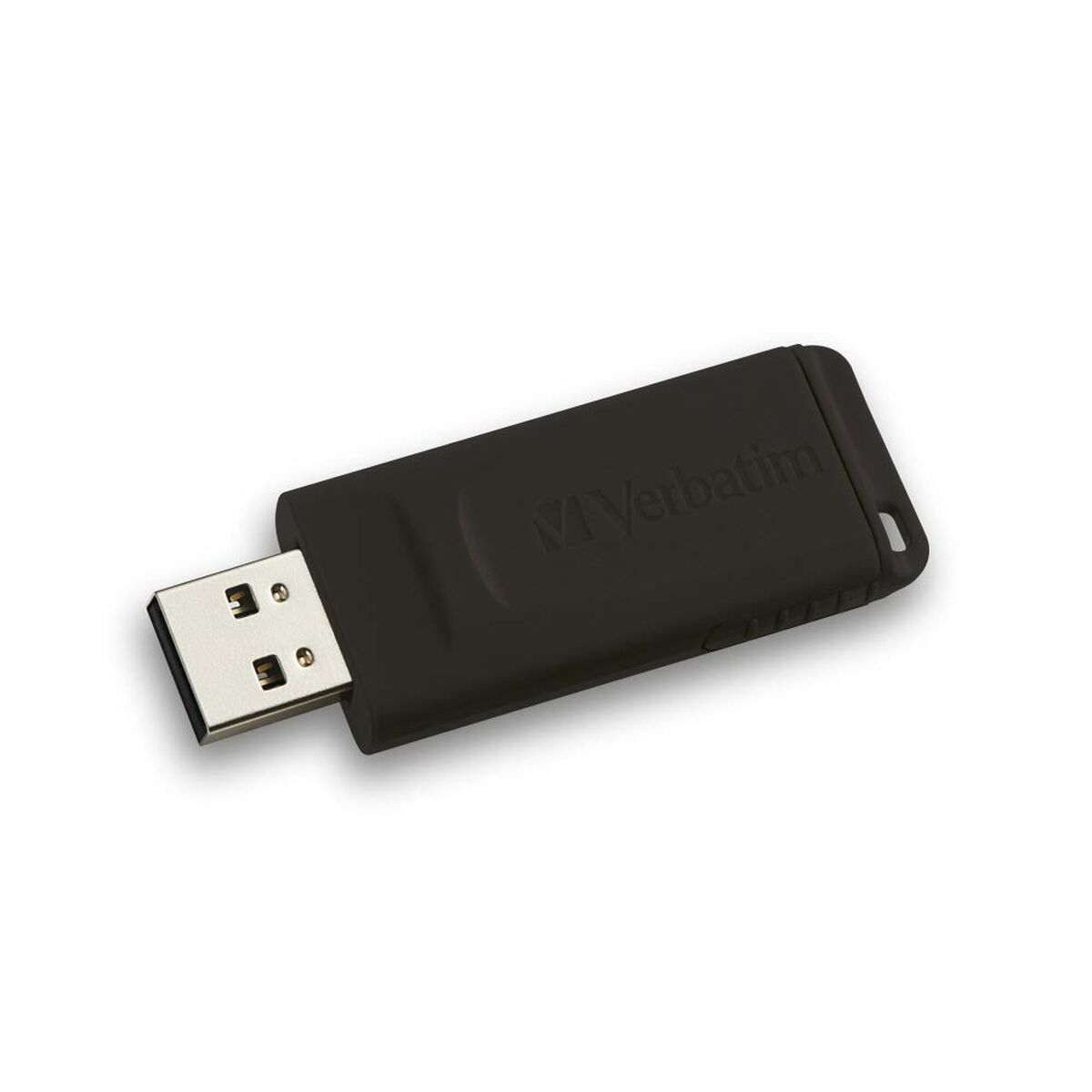 Zwarte Verbatim USB-stick met het Verbatim-logo, met de USB-connector.