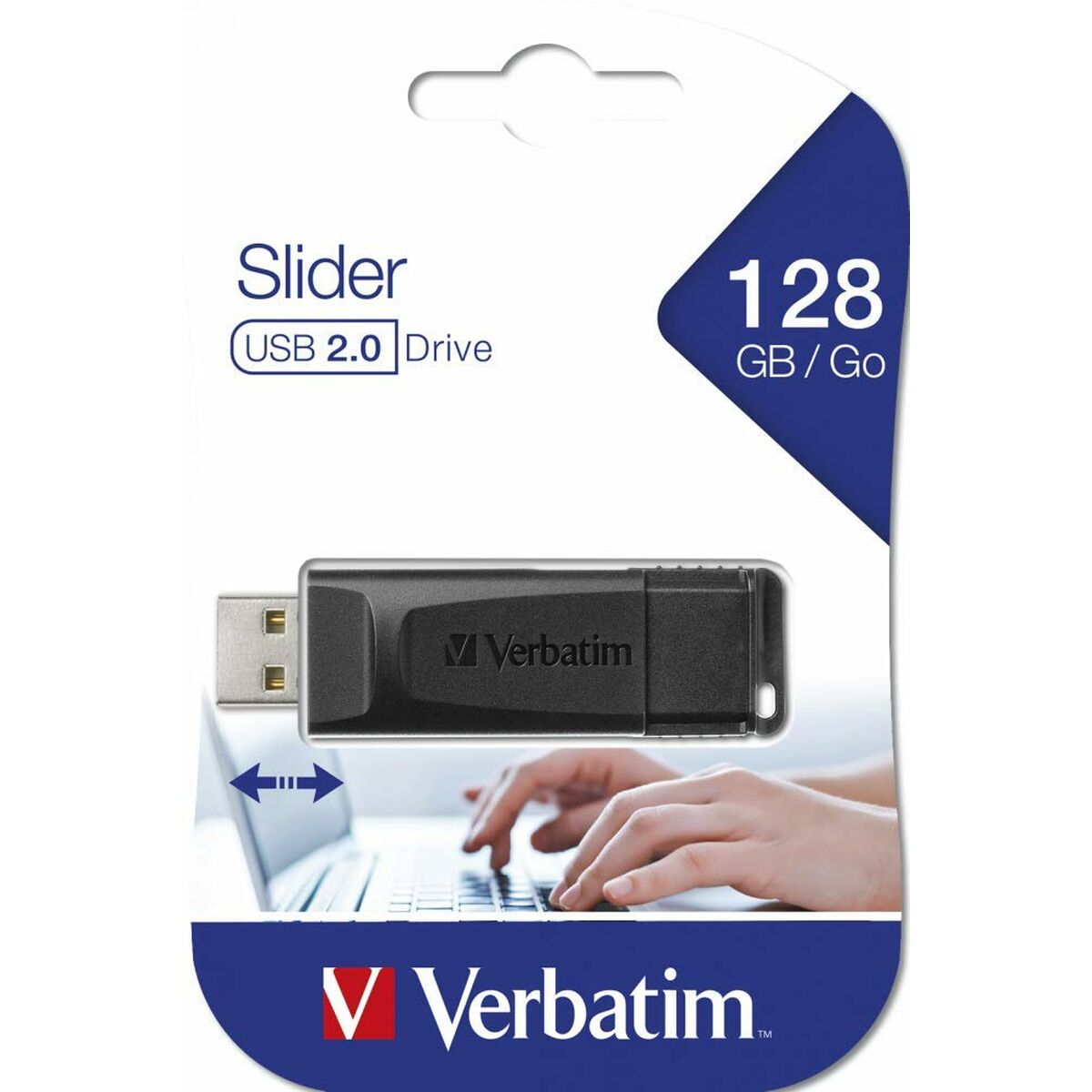 Een USB-stick in een verpakking. De verpakking is blauw en wit, met een hand.