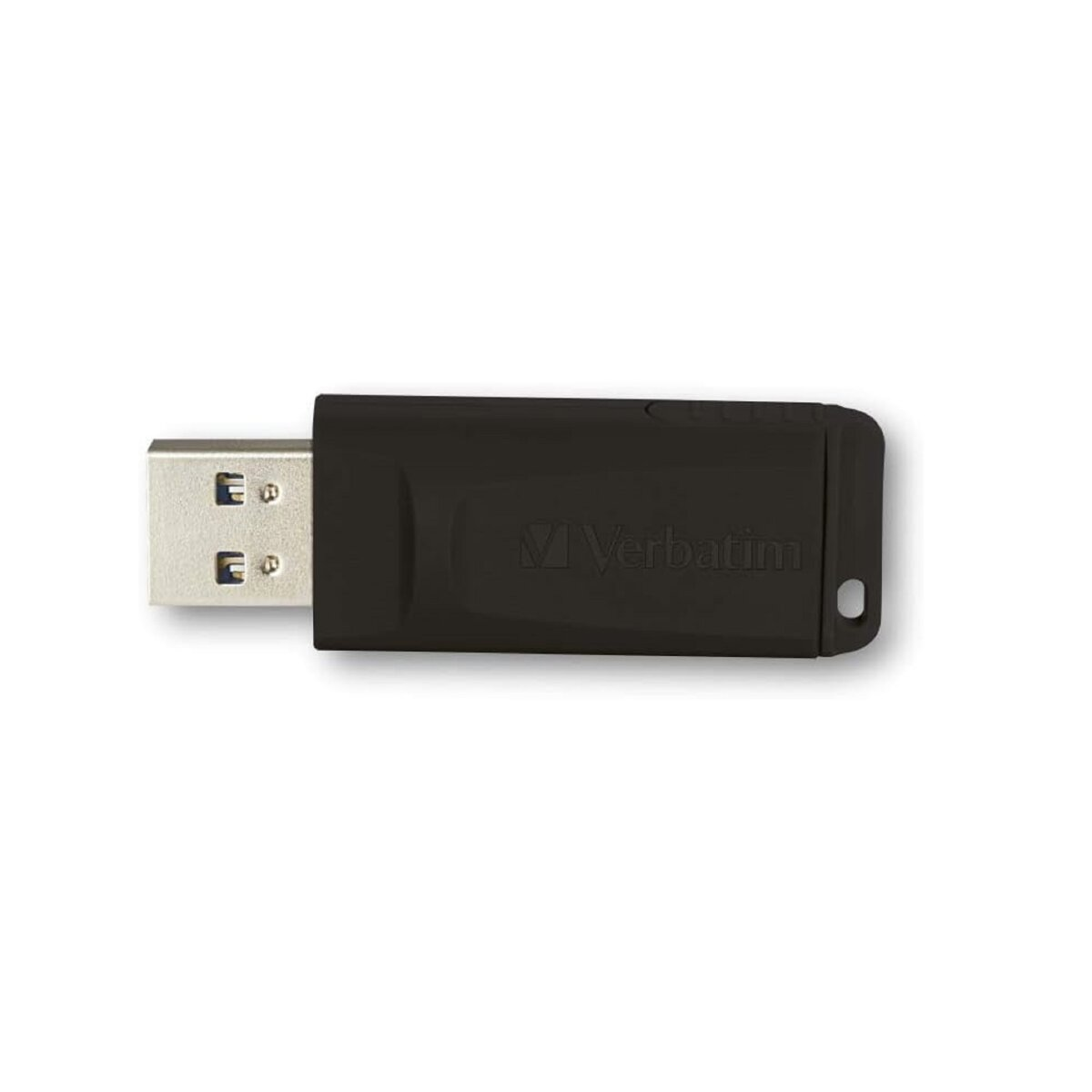 Zwarte USB-stick met het Verbatim-logo. Zilveren USB-connector. Witte achtergrond. Eenvoudig en strak design.