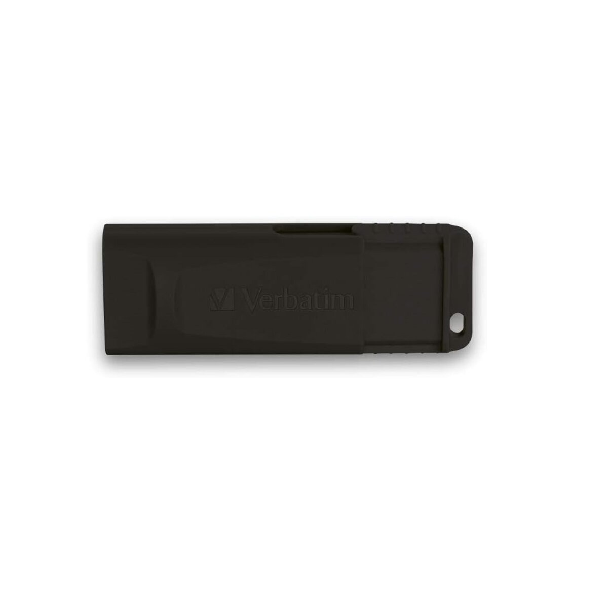 Een zwarte Verbatim USB-stick, met de merknaam erop.