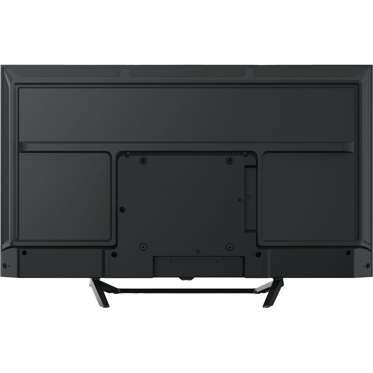 Widok z tyłu czarnego telewizora ze stojakiem. Ma wiele otworów wentylacyjnych i portów wejściowych.