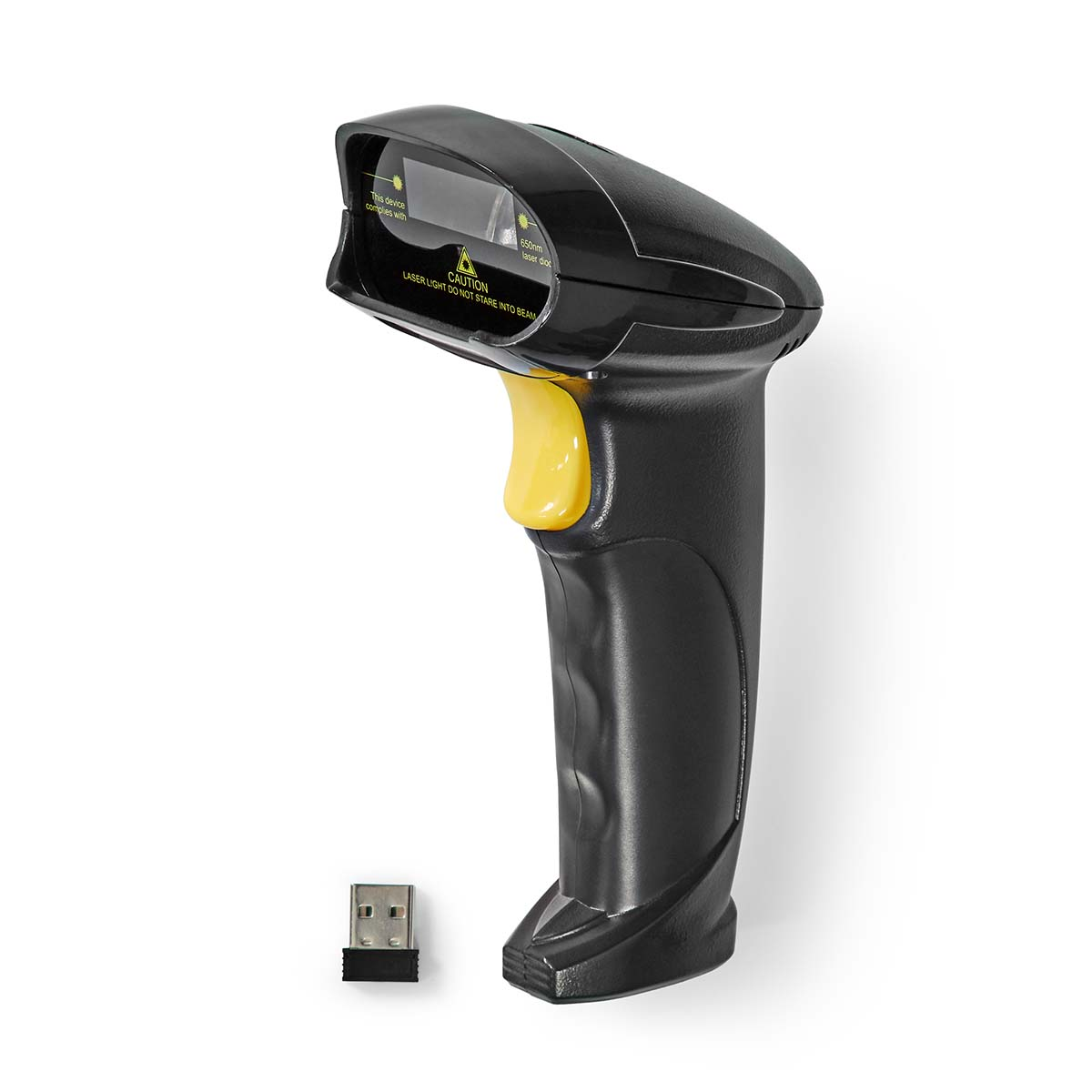 Schwarzer Barcodescanner mit gelbem Knopf und USB-Empfänger. Auf weißem Untergrund.