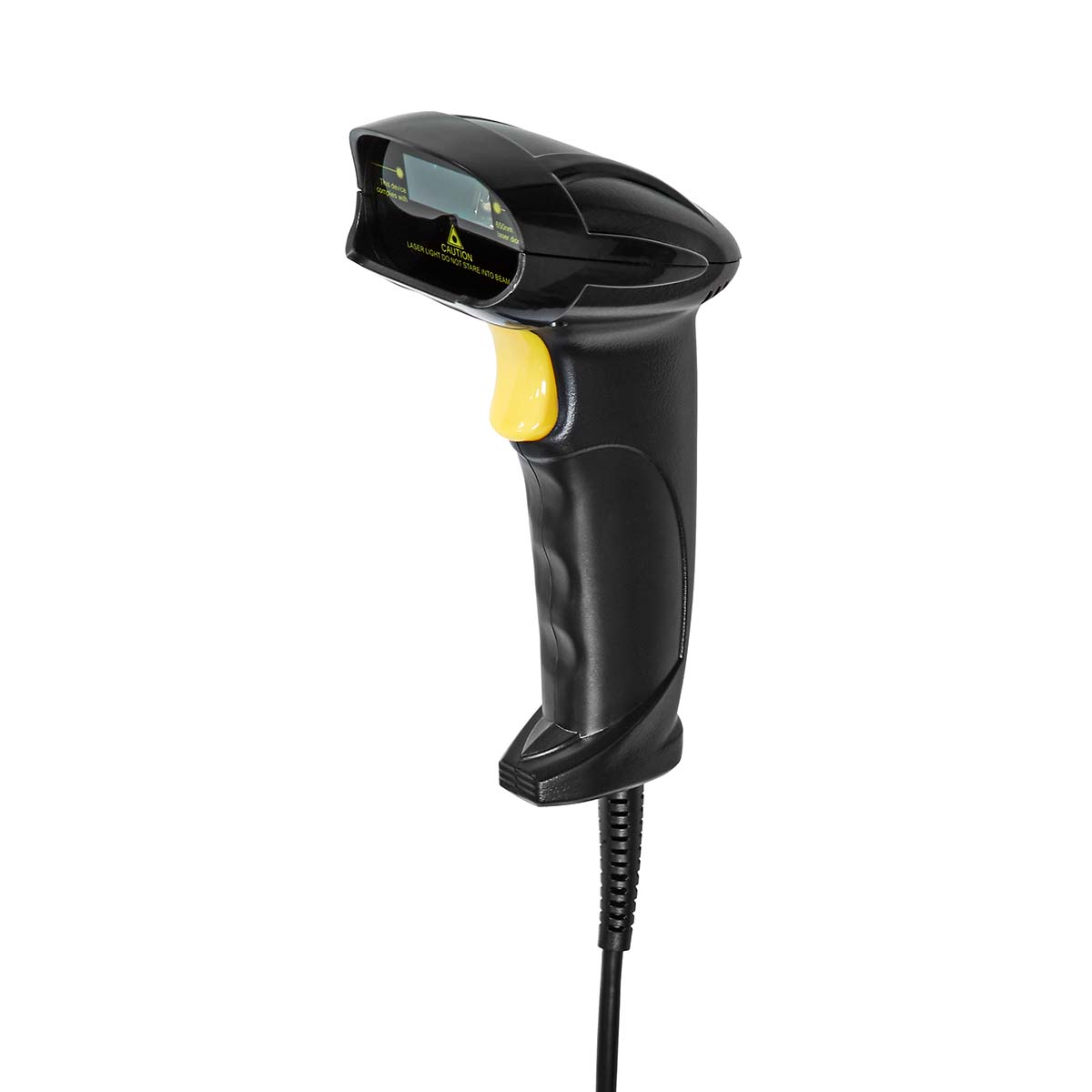 Scanner di codici a barre nero con pulsante giallo. Sfondo bianco.