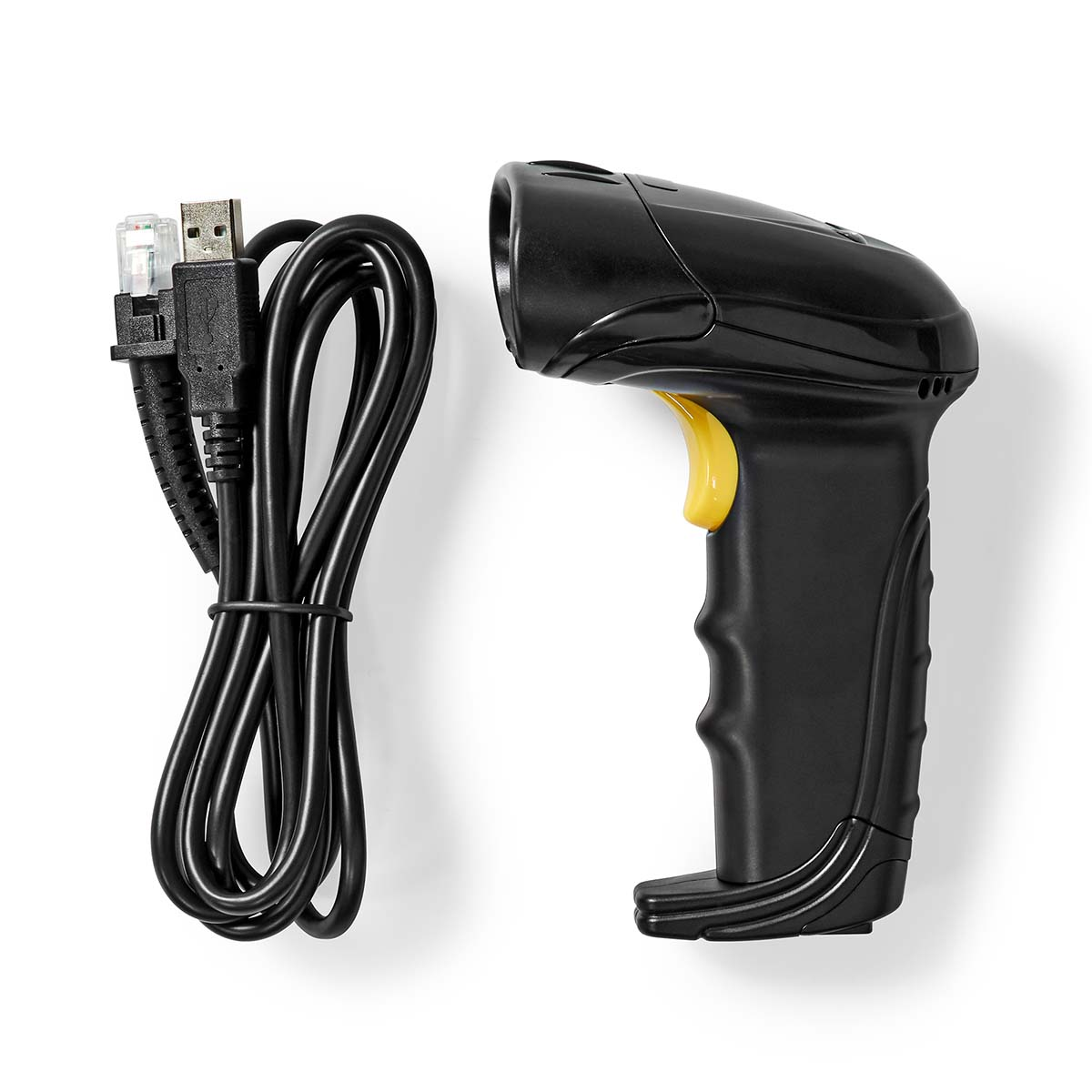 Uno scanner di codici a barre nero con un pulsante giallo e un cavo accanto.