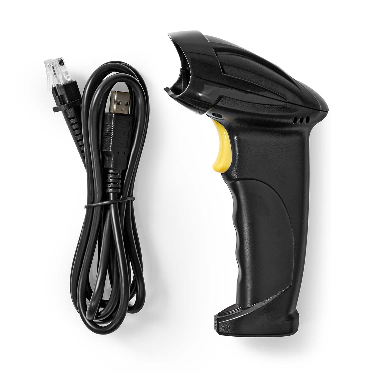 Scanner di codici a barre nero con cavo e cavo USB. Su una superficie bianca.