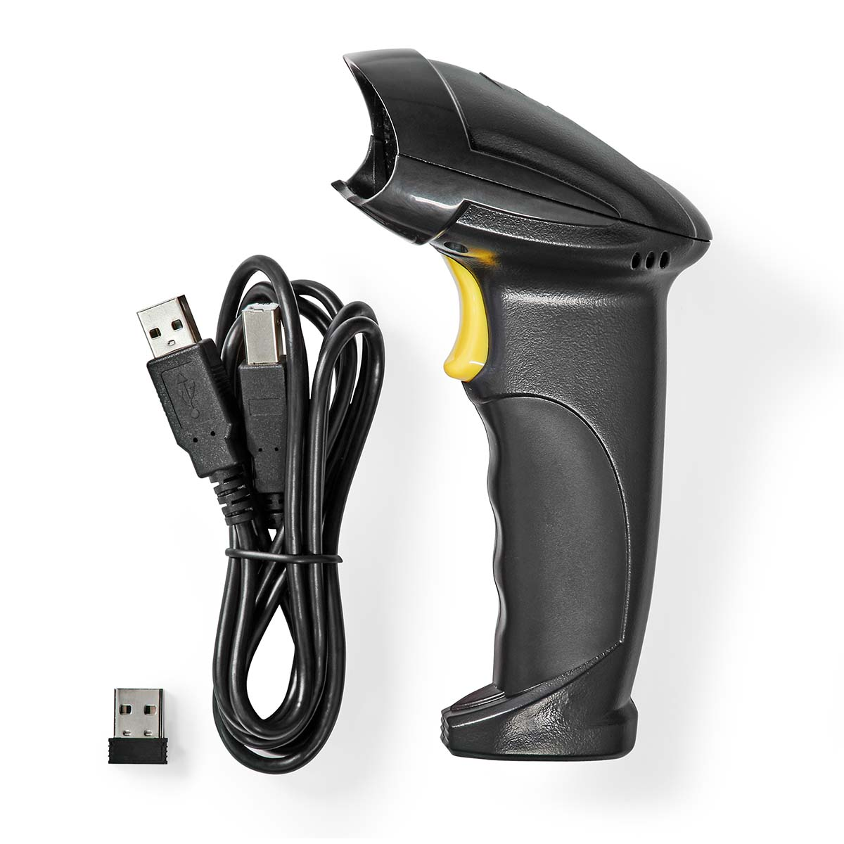 Schwarzer Barcode-Scanner mit schwarzem USB-Kabel und USB-Empfänger.