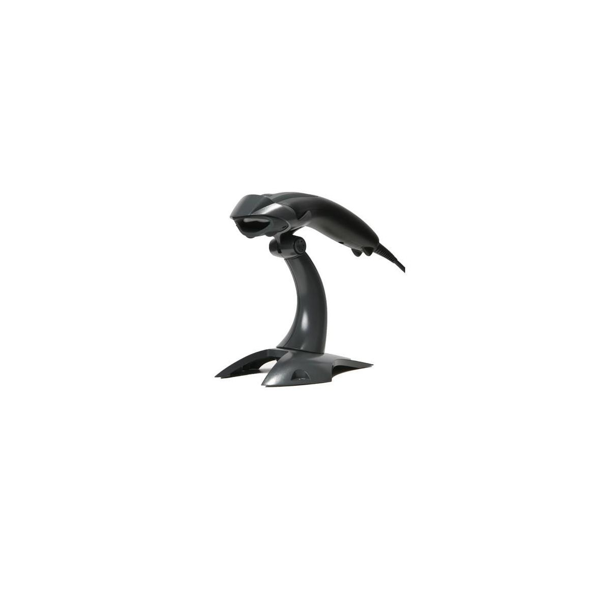 Uno scanner nero su un supporto, con un design curvo e una base.