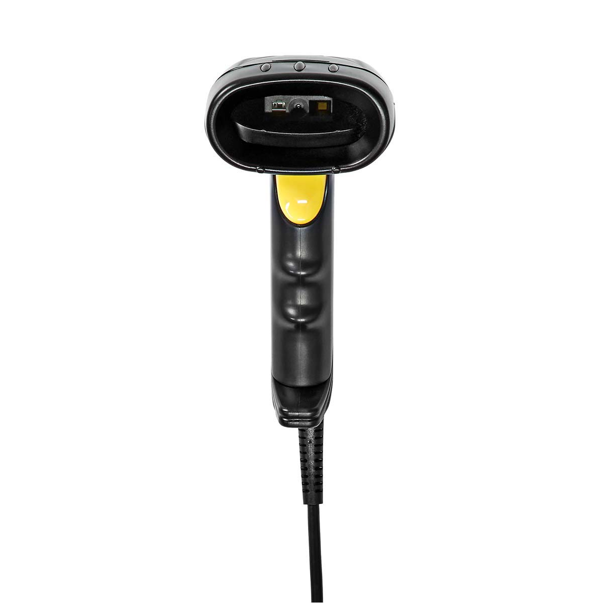 Uno scanner di codici a barre nero, con un pulsante giallo, su sfondo bianco.