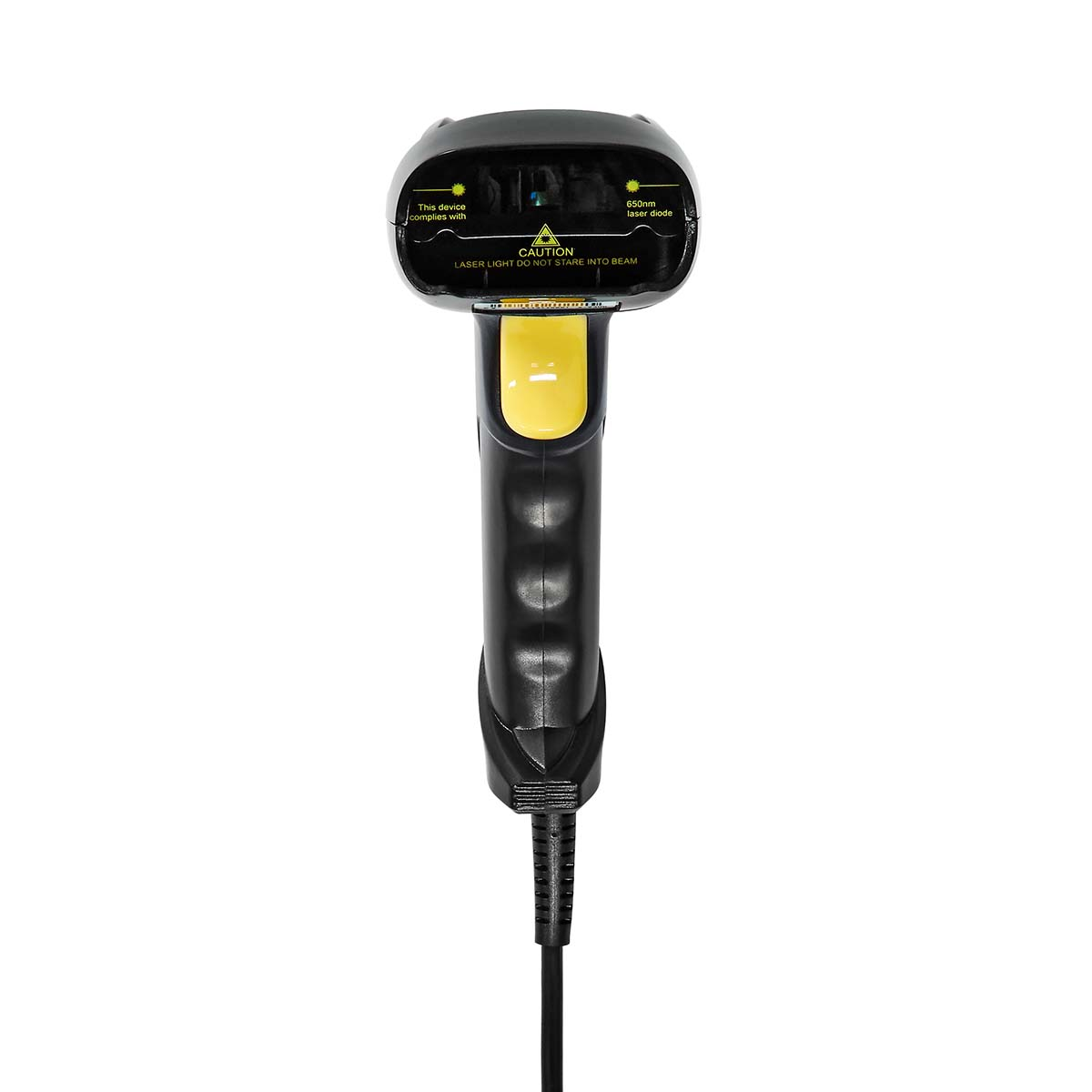 Scanner di codici a barre nero con manico giallo.