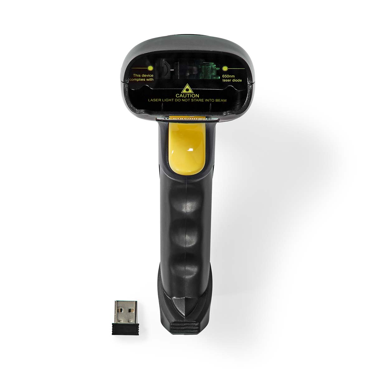 Ein schwarzer Barcodescanner mit gelbem Griff und USB-Empfänger. Der Scanner ist weiß.