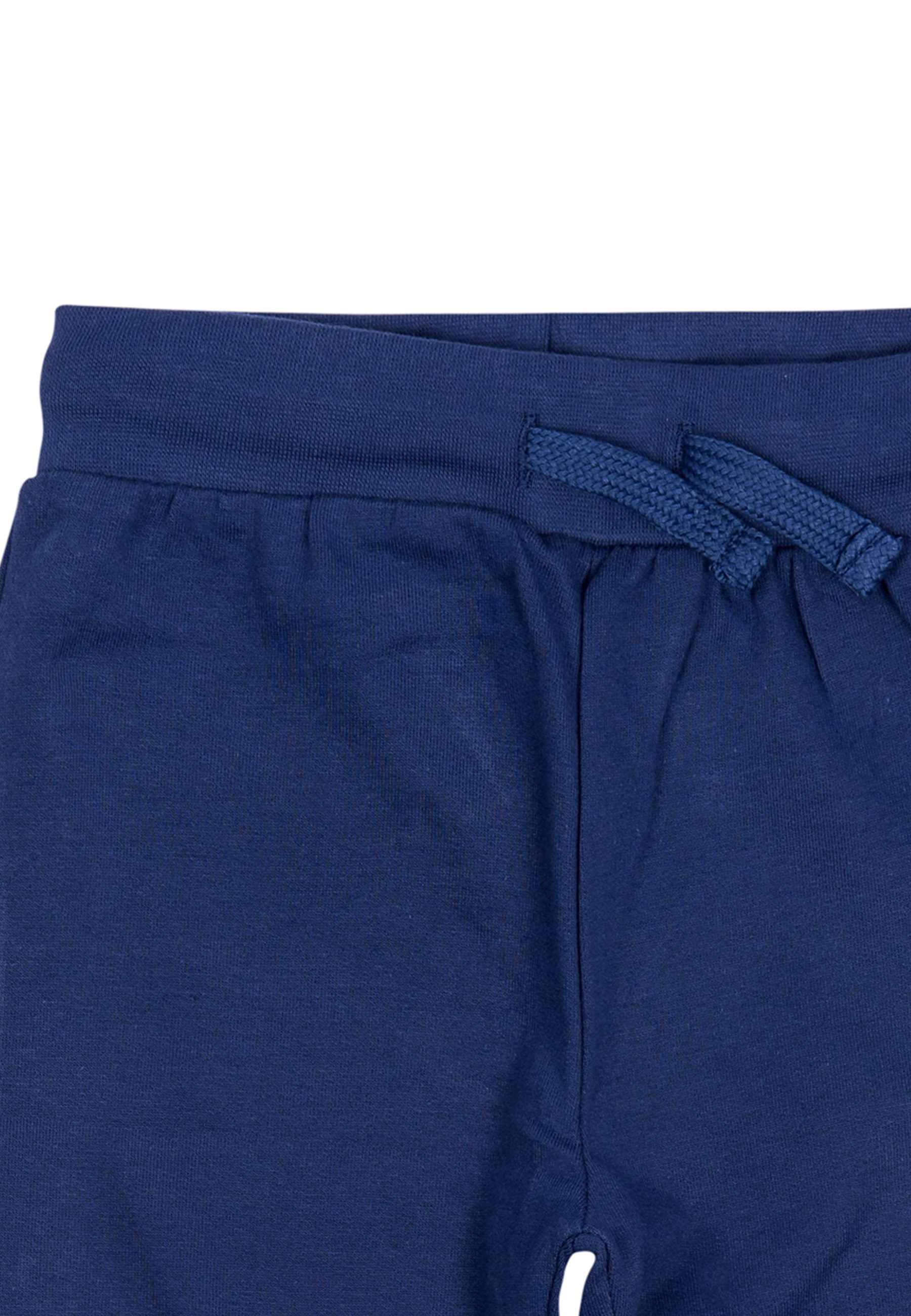 Nahaufnahme des marineblauen Sweatshirtbunds mit Kordelzug.