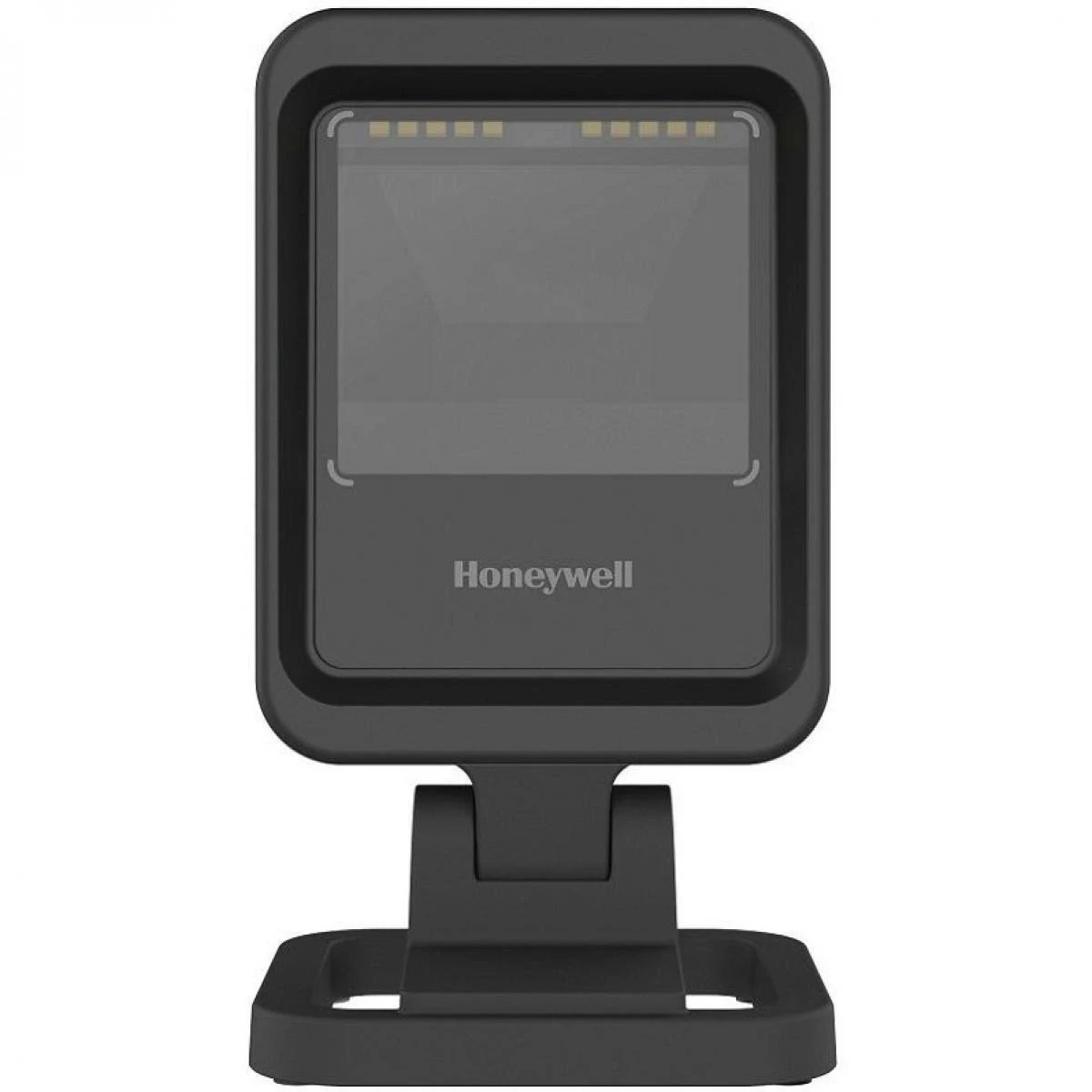 Scanner di codici a barre nero su un supporto nero. Lo scanner è rivolto verso l'alto.
