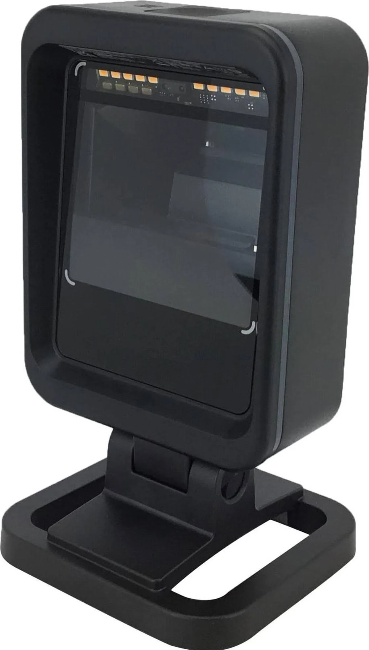 Scanner di codici a barre nero su supporto, con ampia finestra di scansione.
