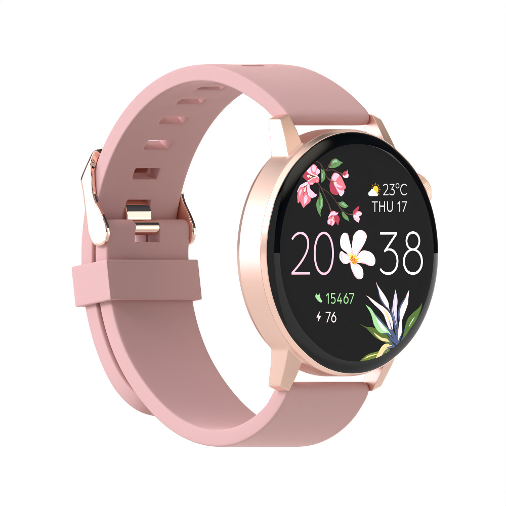 Różowy smartwatch ze złotą ramką. Zegarek wyświetla godzinę, datę i dane aktywności.