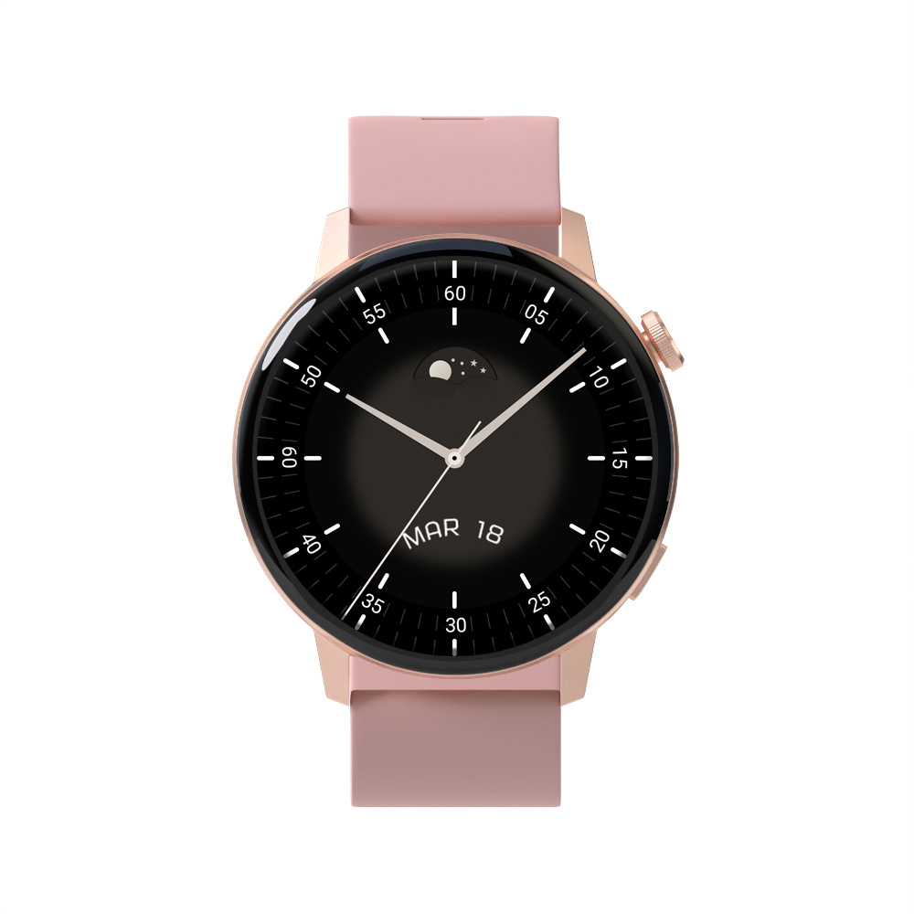 Smartwatch ze złotą różową kopertą i różowym paskiem. Czarny wyświetlacz.