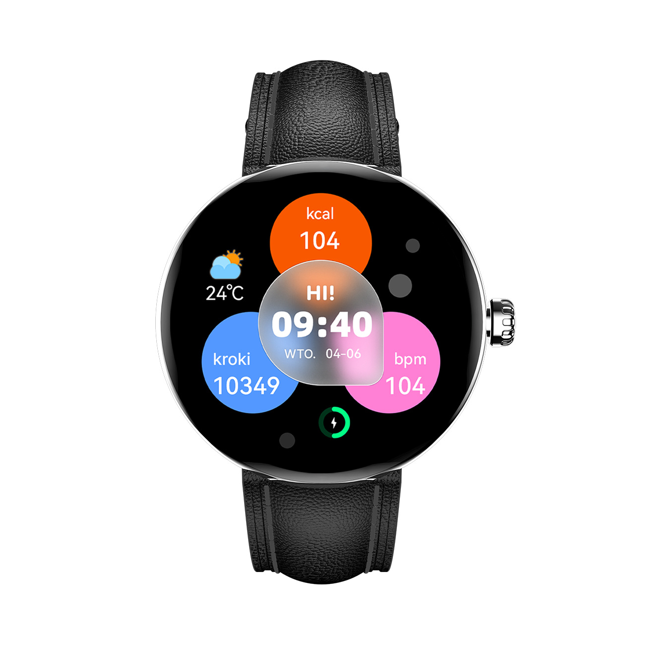Smartwatch pokazujący godzinę, datę, pogodę i wskaźniki zdrowia.