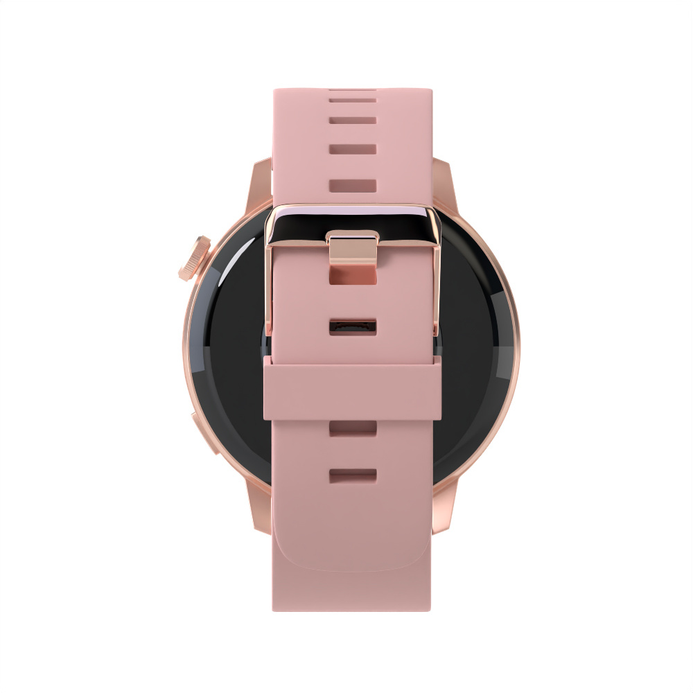Różowy smartwatch z różowym paskiem. Tył zegarka jest czarny.