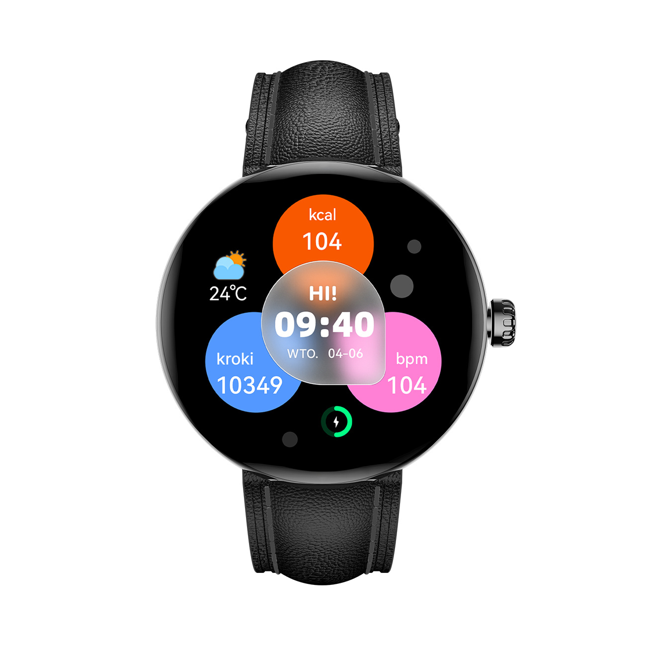Smartwatch wyświetlający czas, pogodę i wskaźniki zdrowia, na czarnym pasku.
