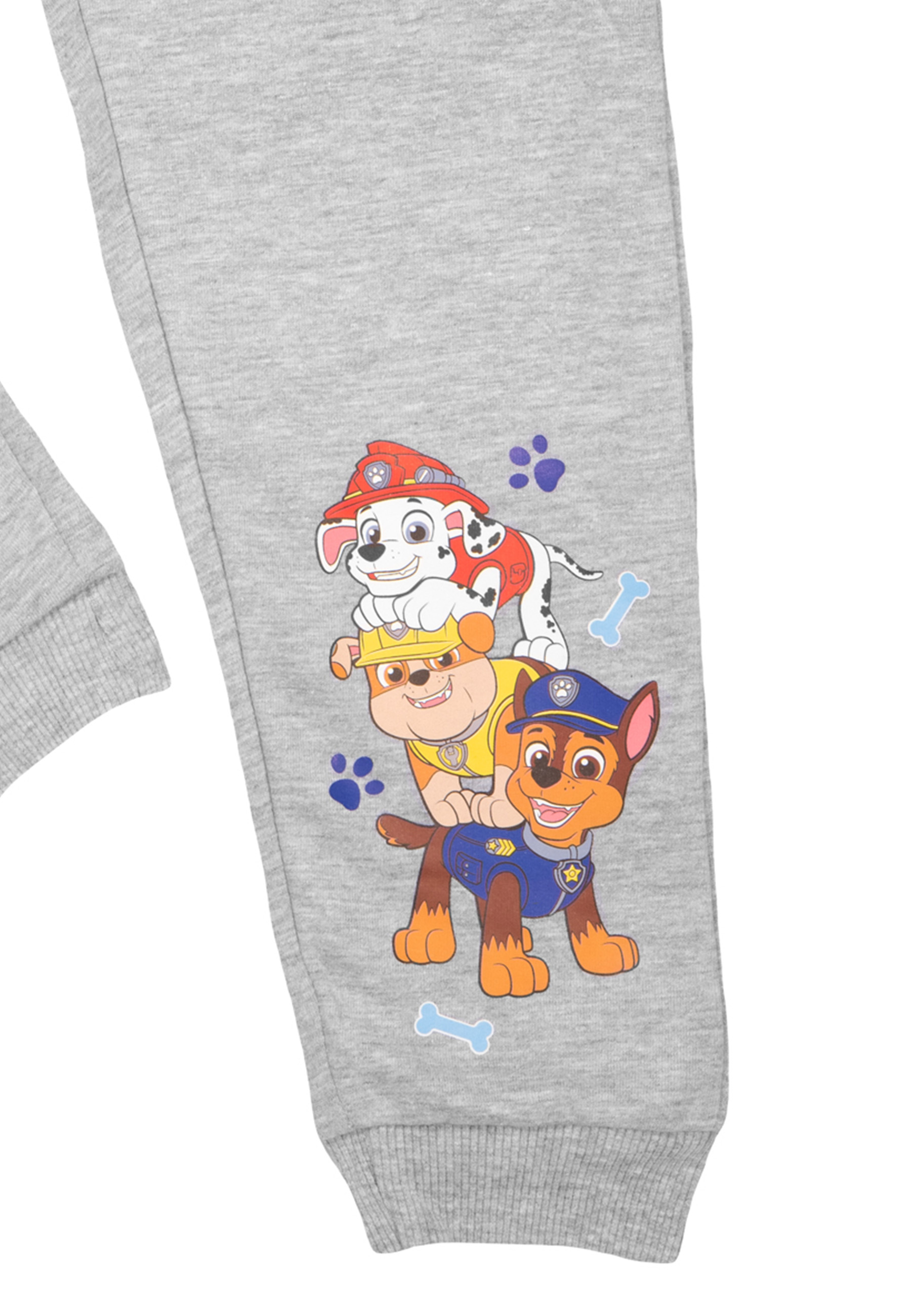 Graues Sweatshirtbein mit Paw Patrol-Charakteren: Marshall, Chase und Rubble.