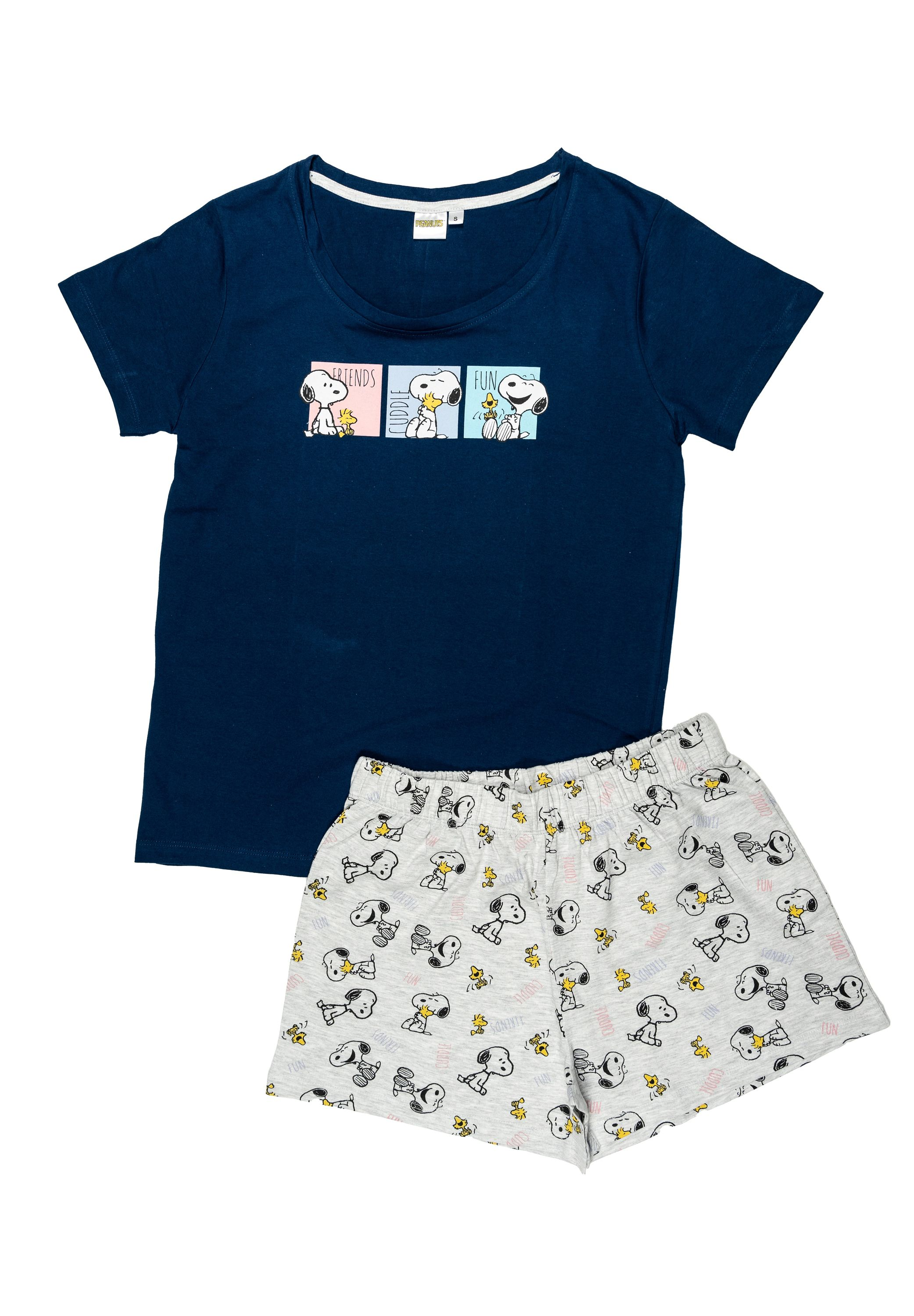 Ein Snoopy Pyjama-Set mit blauem Shirt und grauen Shorts, Cartoon-Bildern.