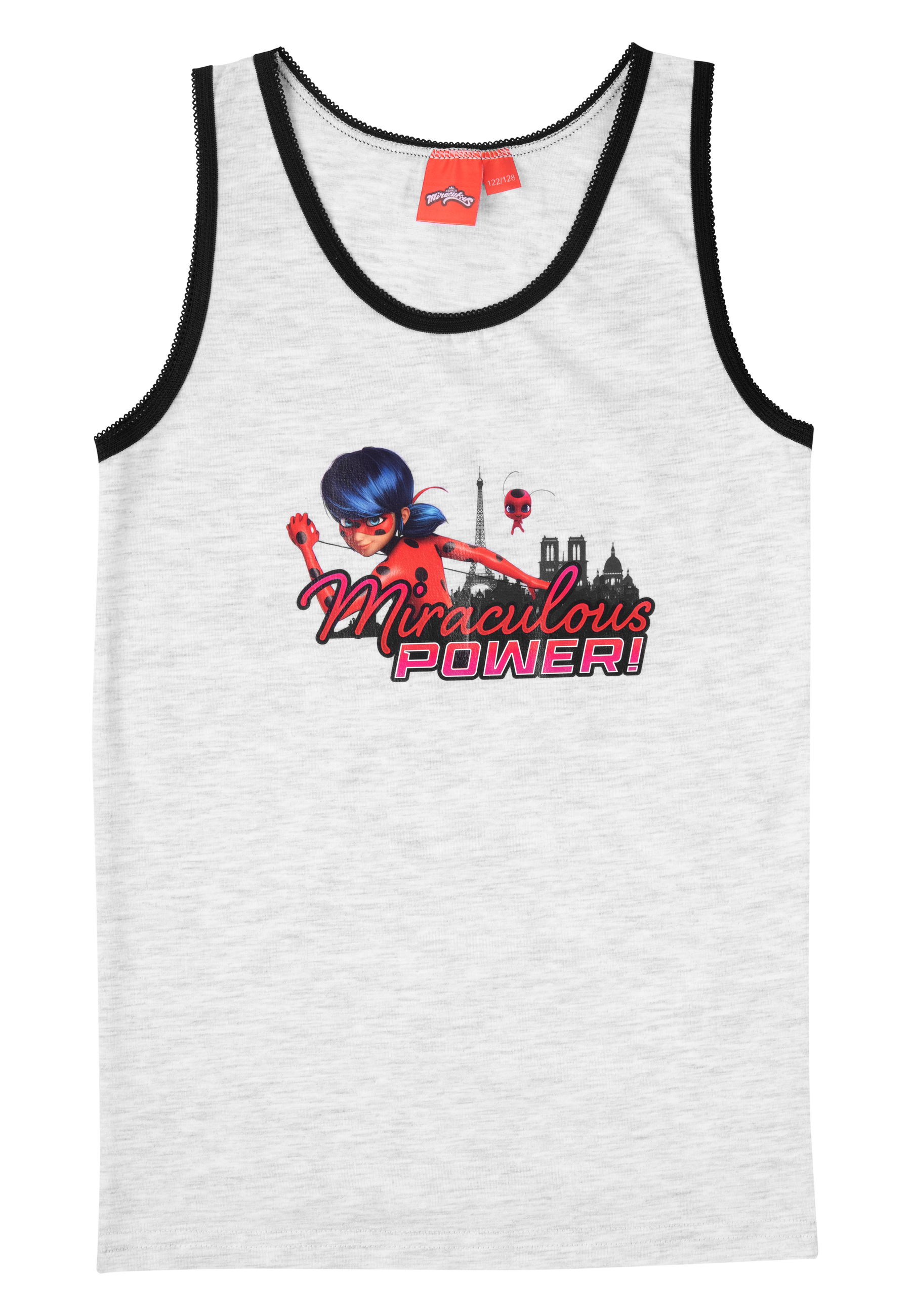 Weißes Tanktop mit Miraculous Ladybug-Design. Eiffelturm im Hintergrund. Text: Miraculous Power!