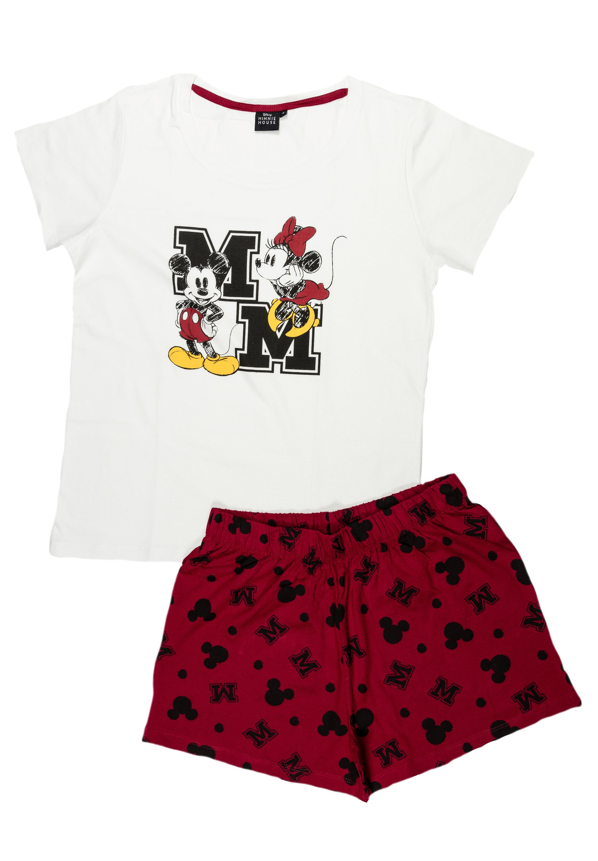 Weißes T-Shirt und rotes Shorts-Set. Mickey und Minnie Mouse auf dem T-Shirt. Shorts haben Mickey Mouse Muster.