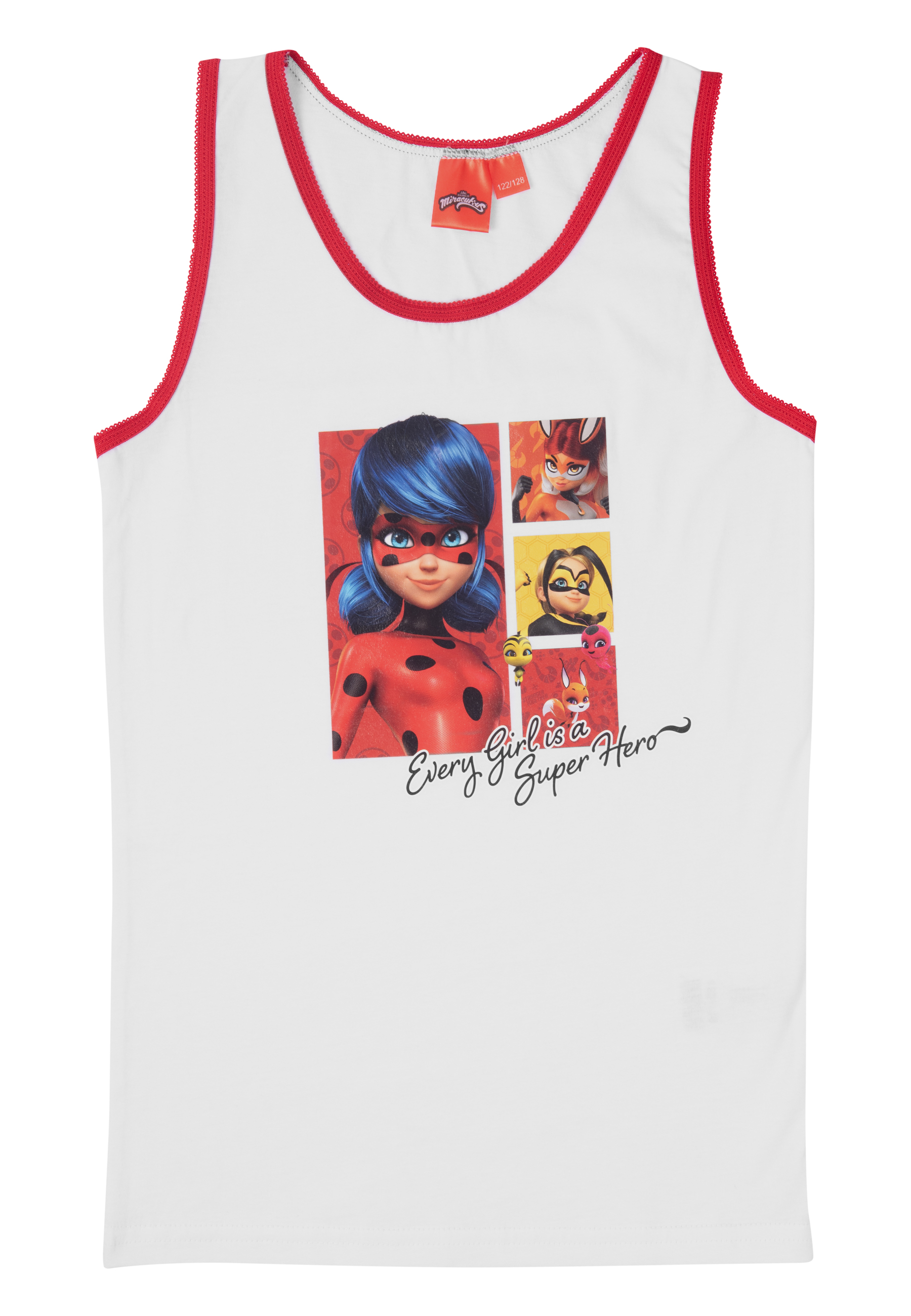 Weißes Tanktop mit rotem Saum, mit Cartoon-Bild. Weißer Hintergrund.