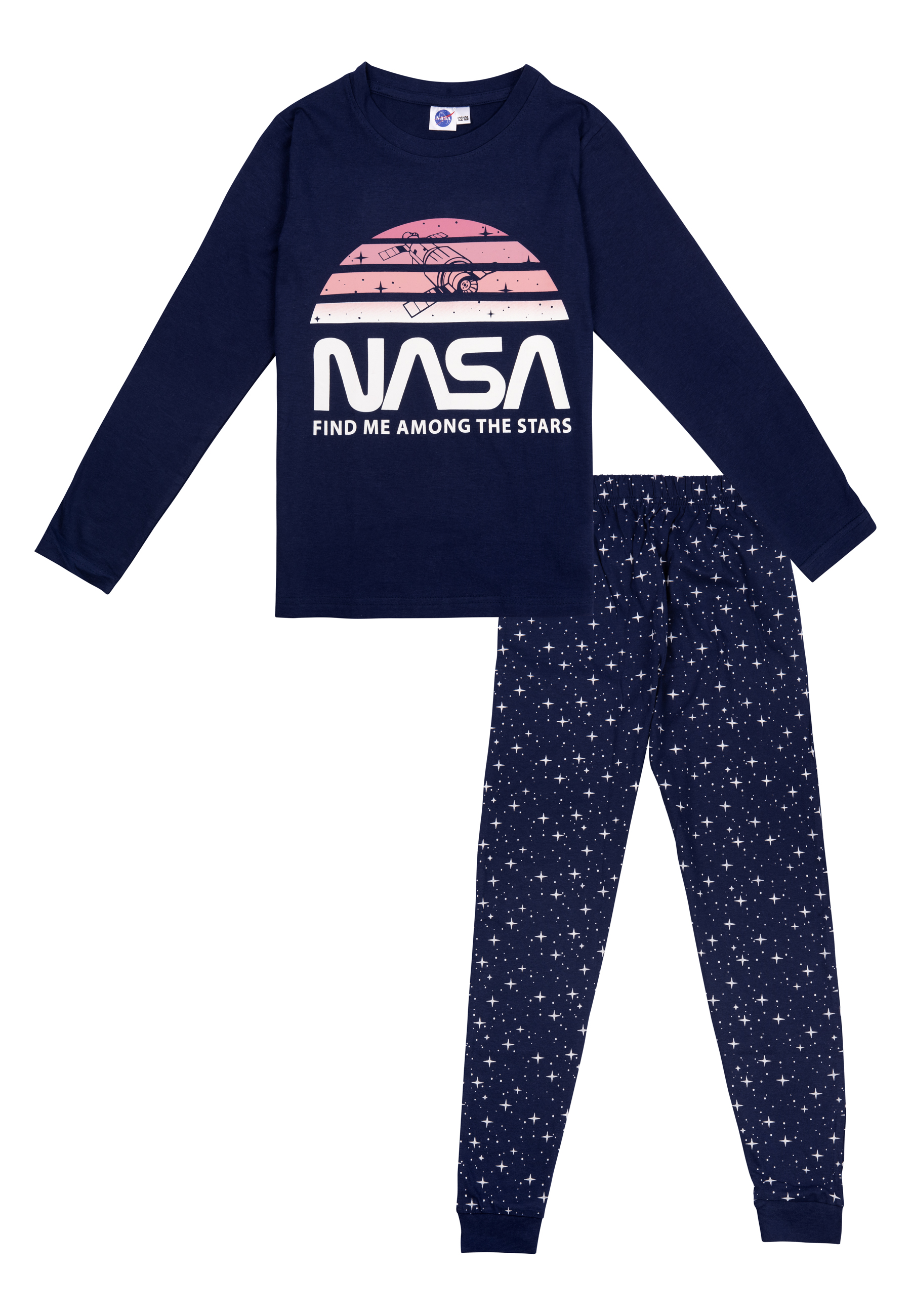 Marineblauer NASA-Schlafanzug mit langärmligem Shirt und sternenbesetzter Hose.