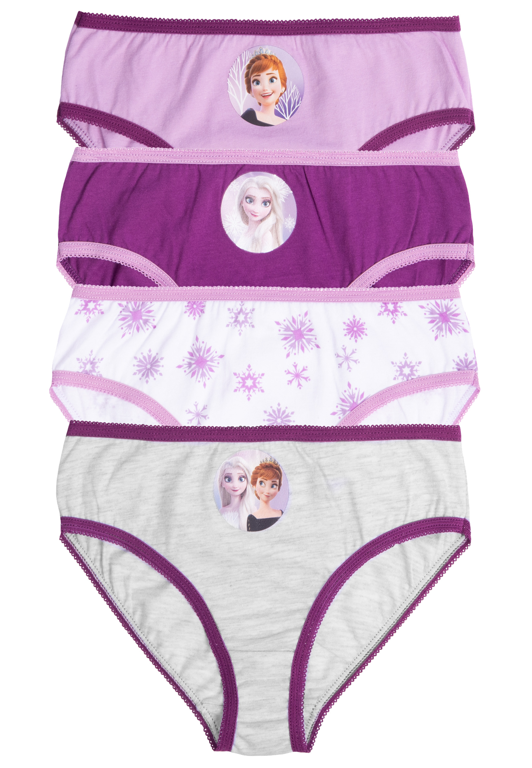 Vier Paar Frozen-Slips in Lila und Grau. Mit Anna und Elsa.