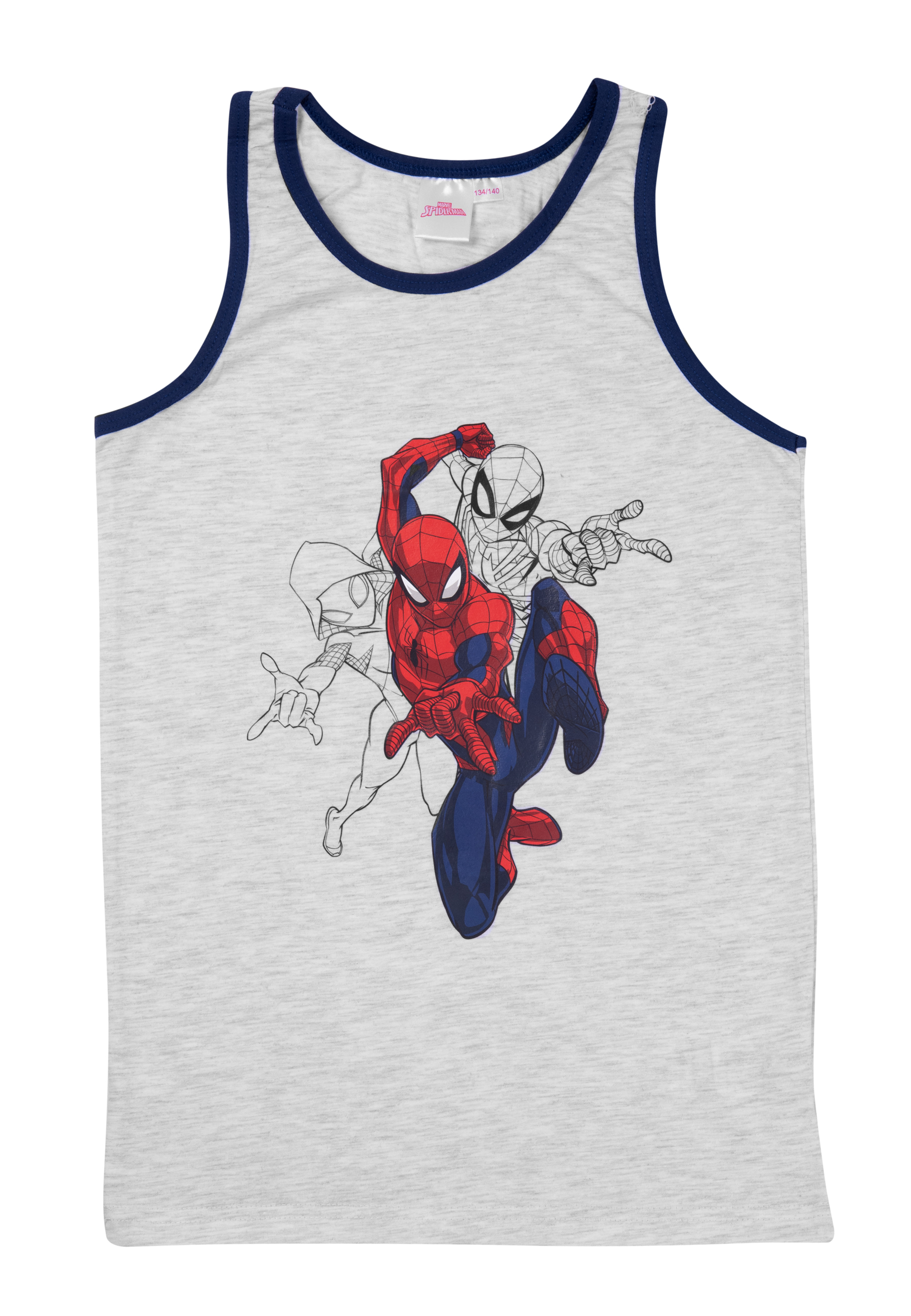 Graues Tanktop mit Spiderman-Grafik. Zeigt Spiderman in Action-Posen.