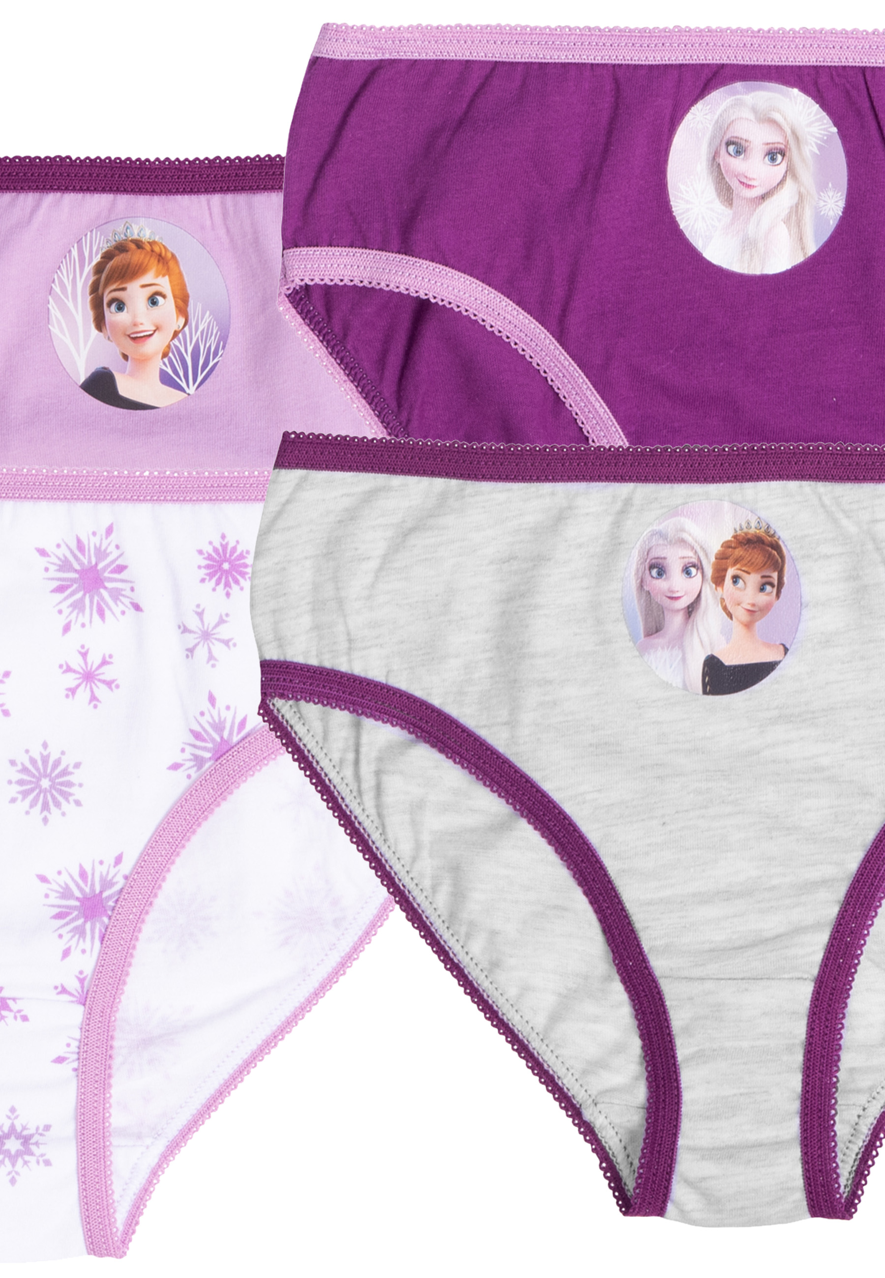 Set aus drei Unterhosen mit Frozen-Motiv. Verschiedene Farben mit Charakterbildern. Weißer Hintergrund.