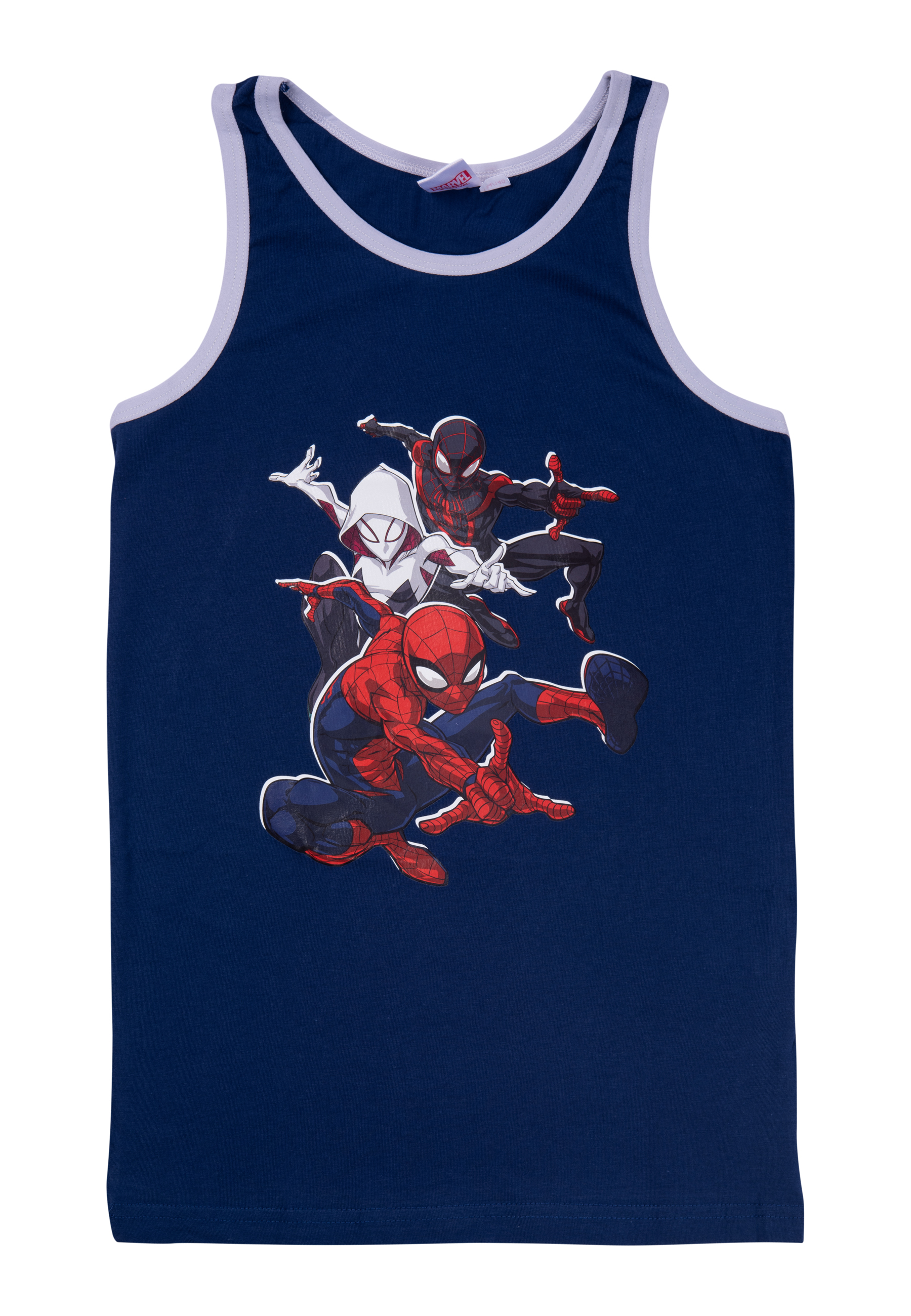 Marineblaues Tanktop mit Spiderman-Figuren. Weißer Besatz. Weißer Hintergrund.