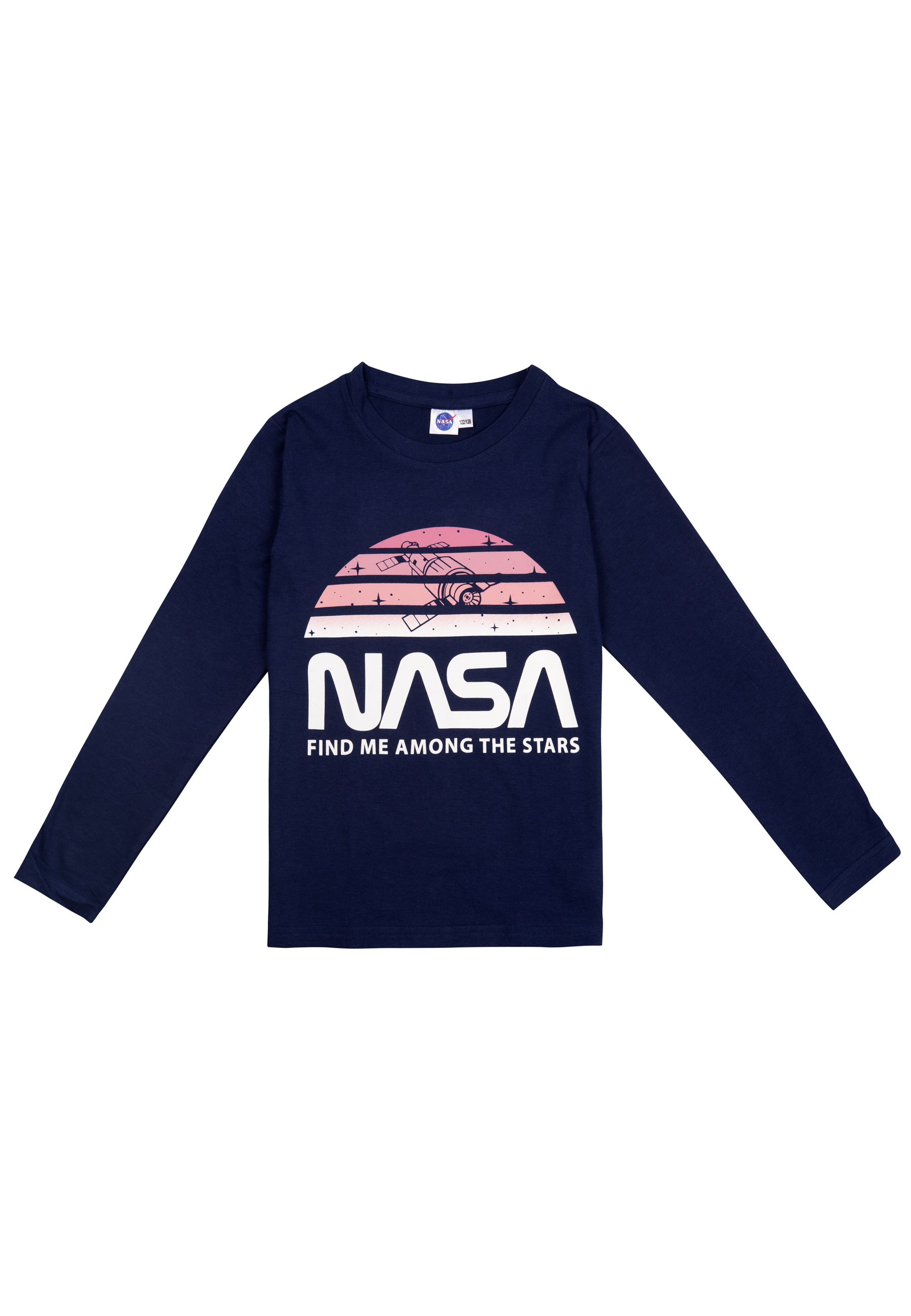 Marineblaues Langarmshirt mit NASA-Design. Weißer Text, rosa und orangefarbene Sonnenuntergangsgrafik.