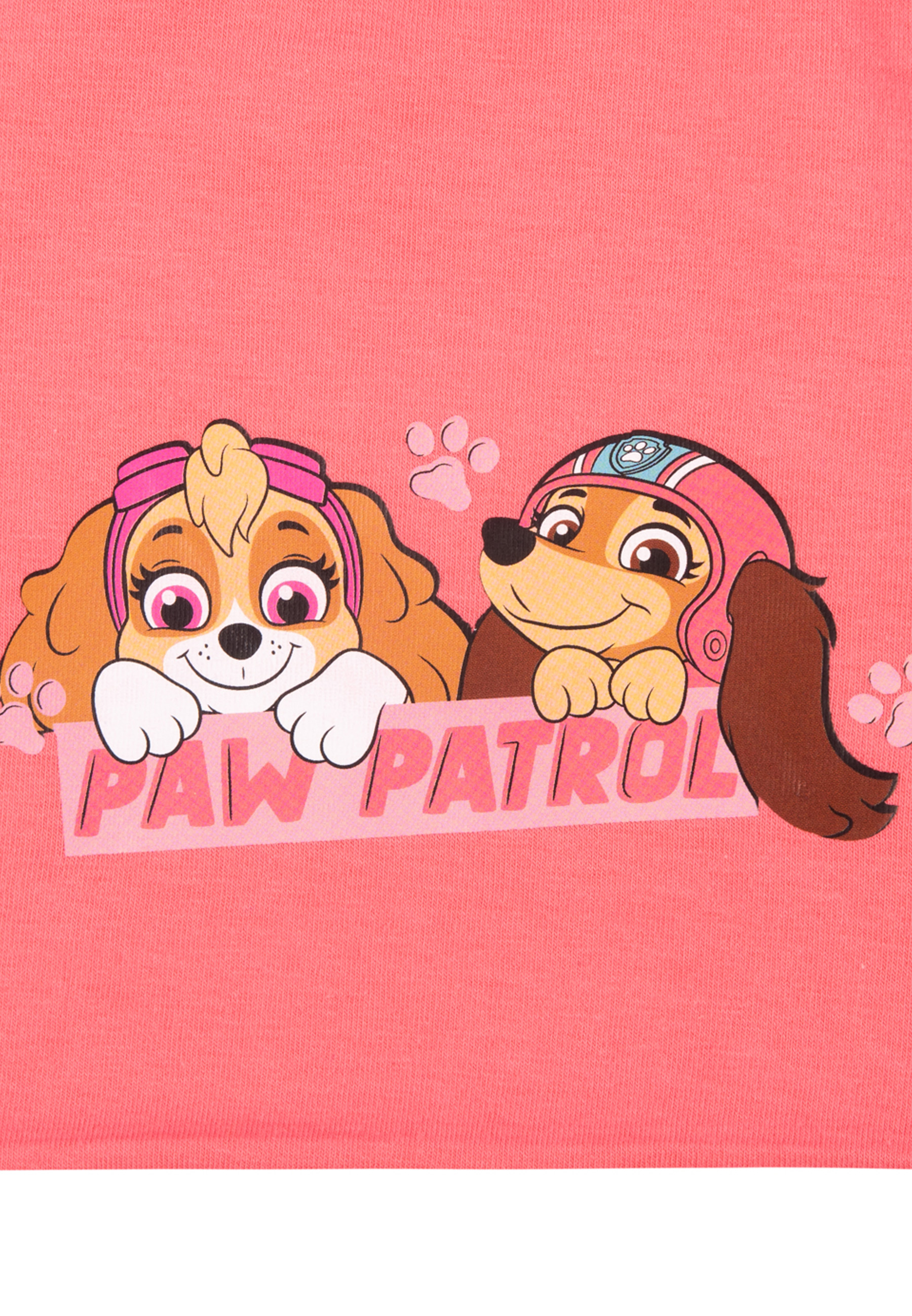 Nahaufnahme eines pinkfarbenen Shirts mit Paw Patrol Charakteren Skye und Everest.