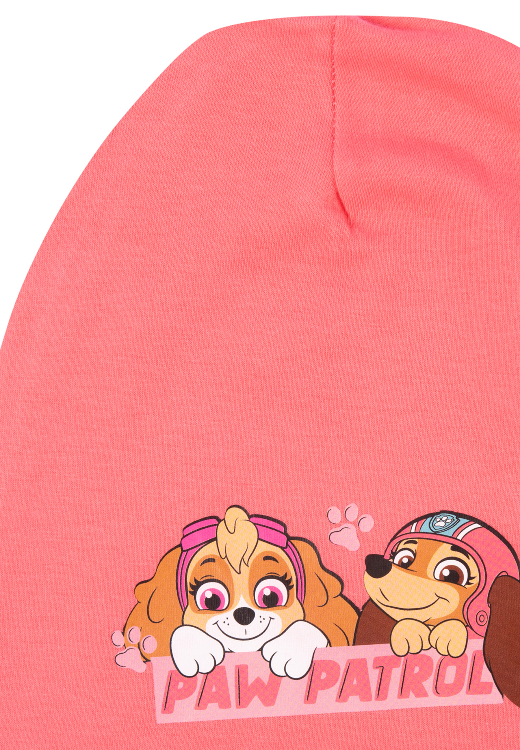 Rosa Mütze mit Paw Patrol-Charakteren Skye und Everest. Paw Patrol-Logo unten.