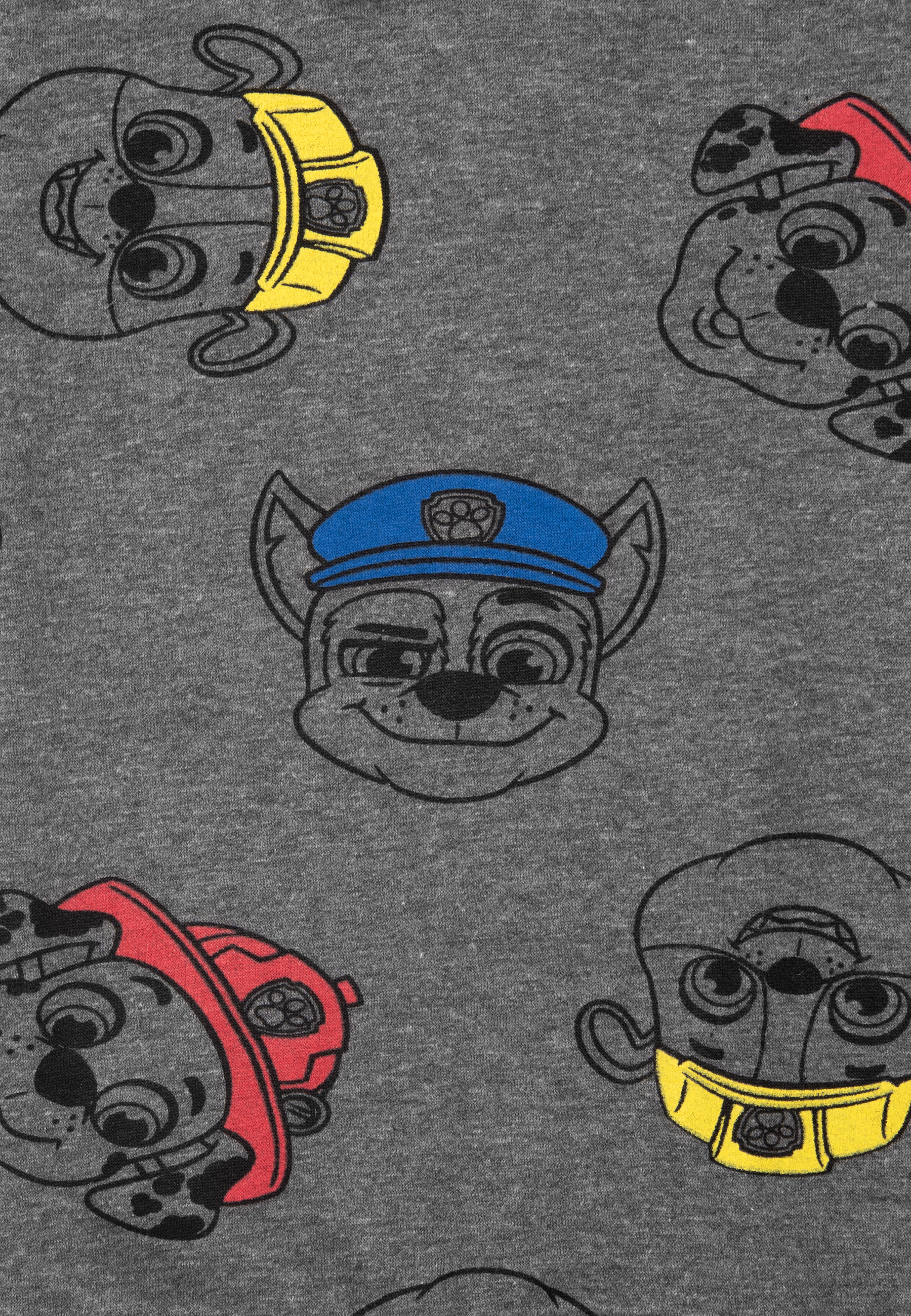 Graues Shirt mit Paw Patrol Charakter Gesichtern. Chase, Marshall und Rubble wiederholen sich.