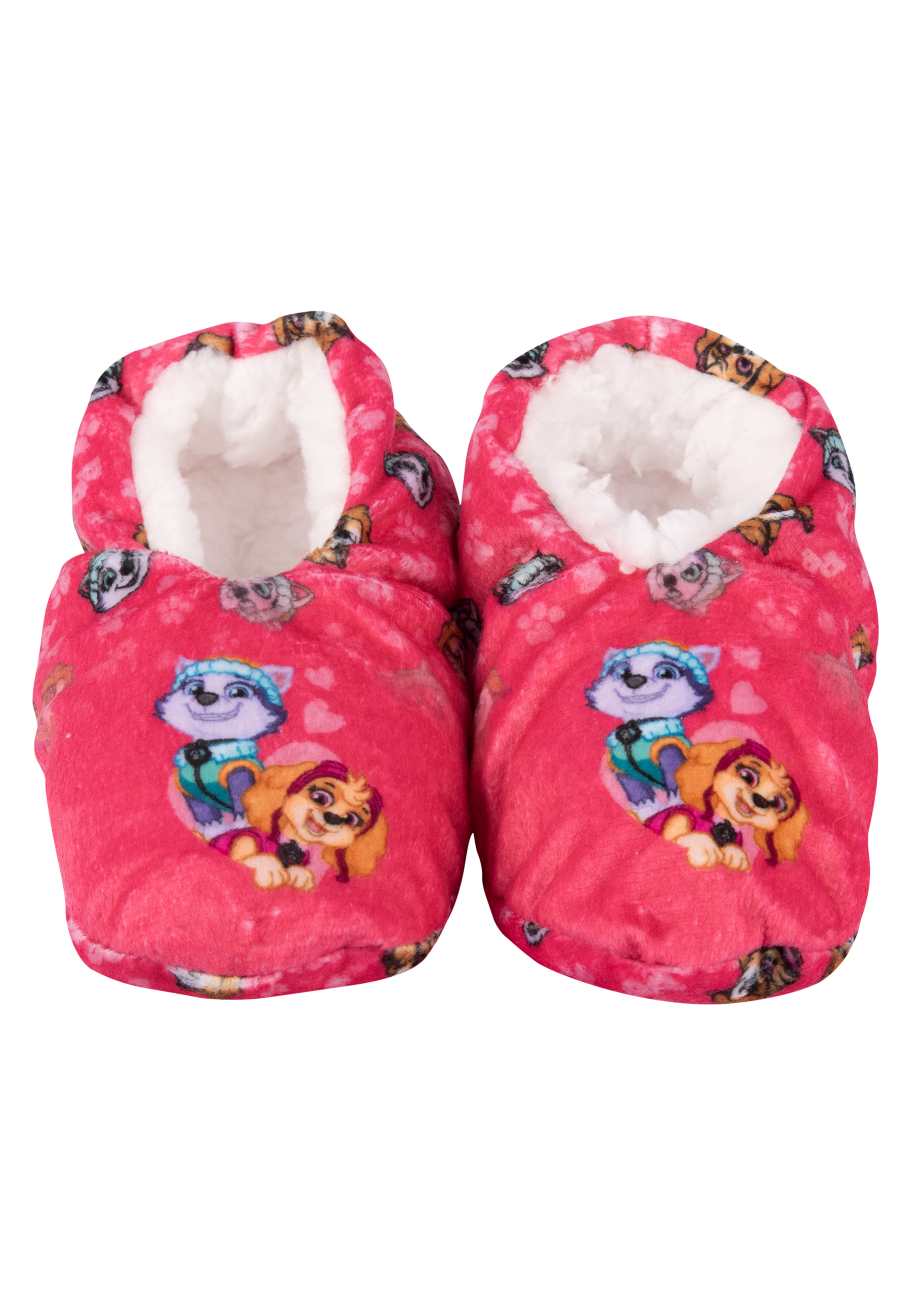 Pinkfarbene Paw Patrol Hausschuhe mit Skye- und Everest-Cartoonfiguren. Herzen um die Figuren.