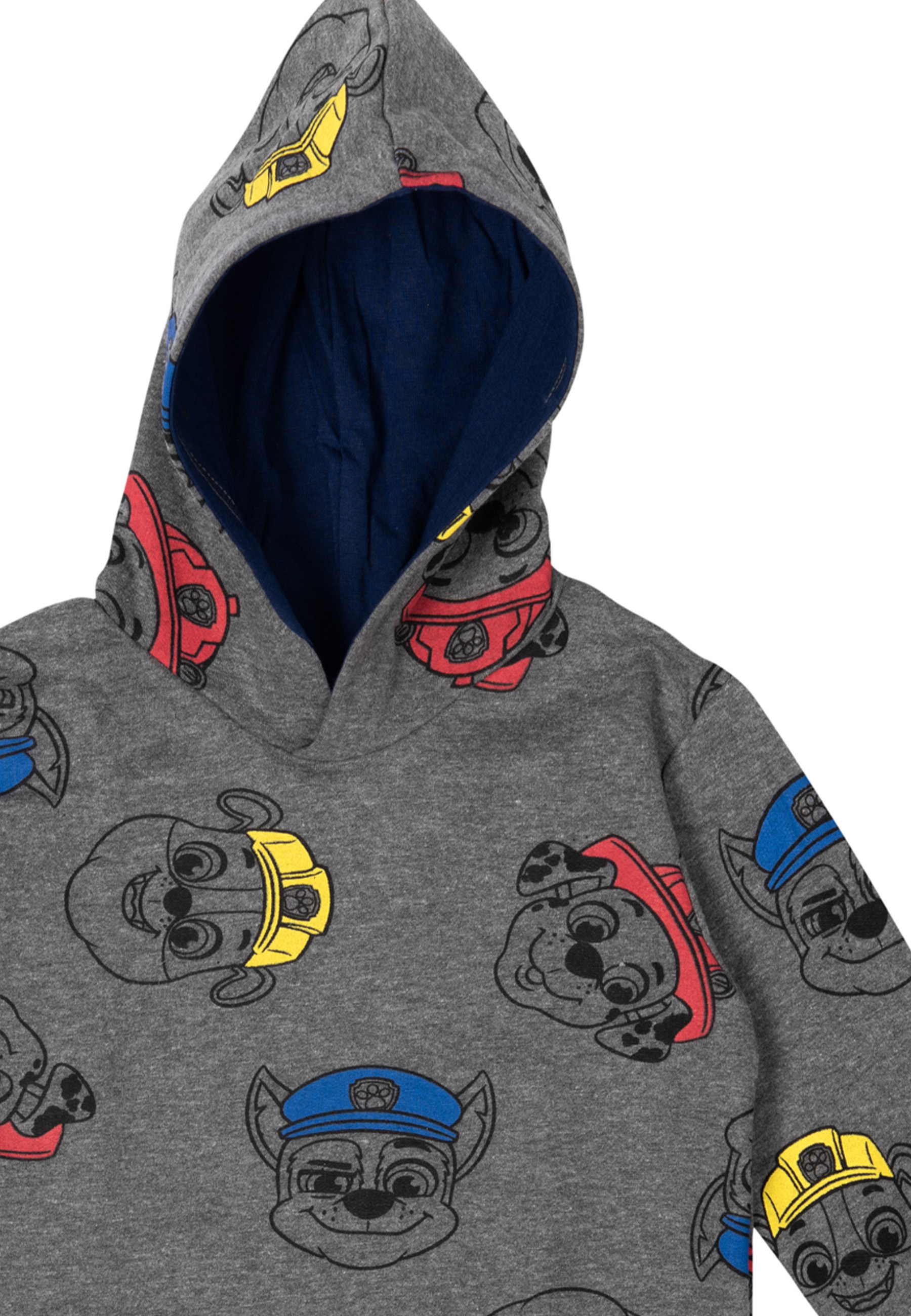 Grauer Kapuzenpullover mit sich wiederholenden Paw Patrol-Gesichtern. Die Kapuze ist blau gefüttert.
