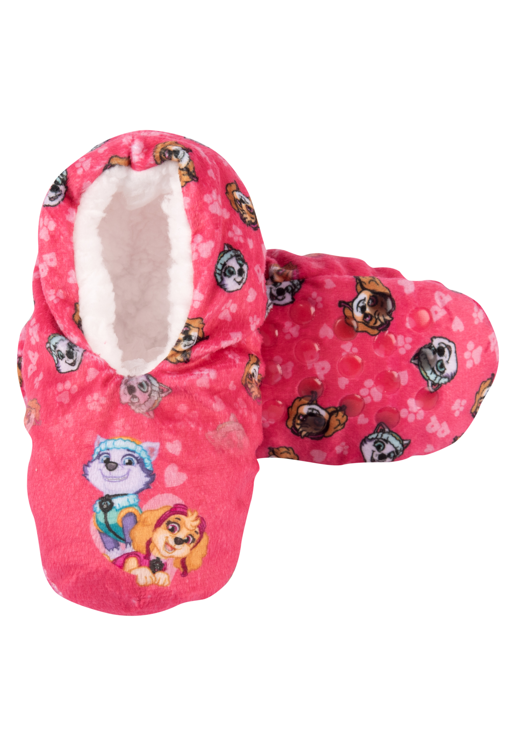 Rosa Paw Patrol Hausschuhe mit Skye und Everest. Weißer Hintergrund.