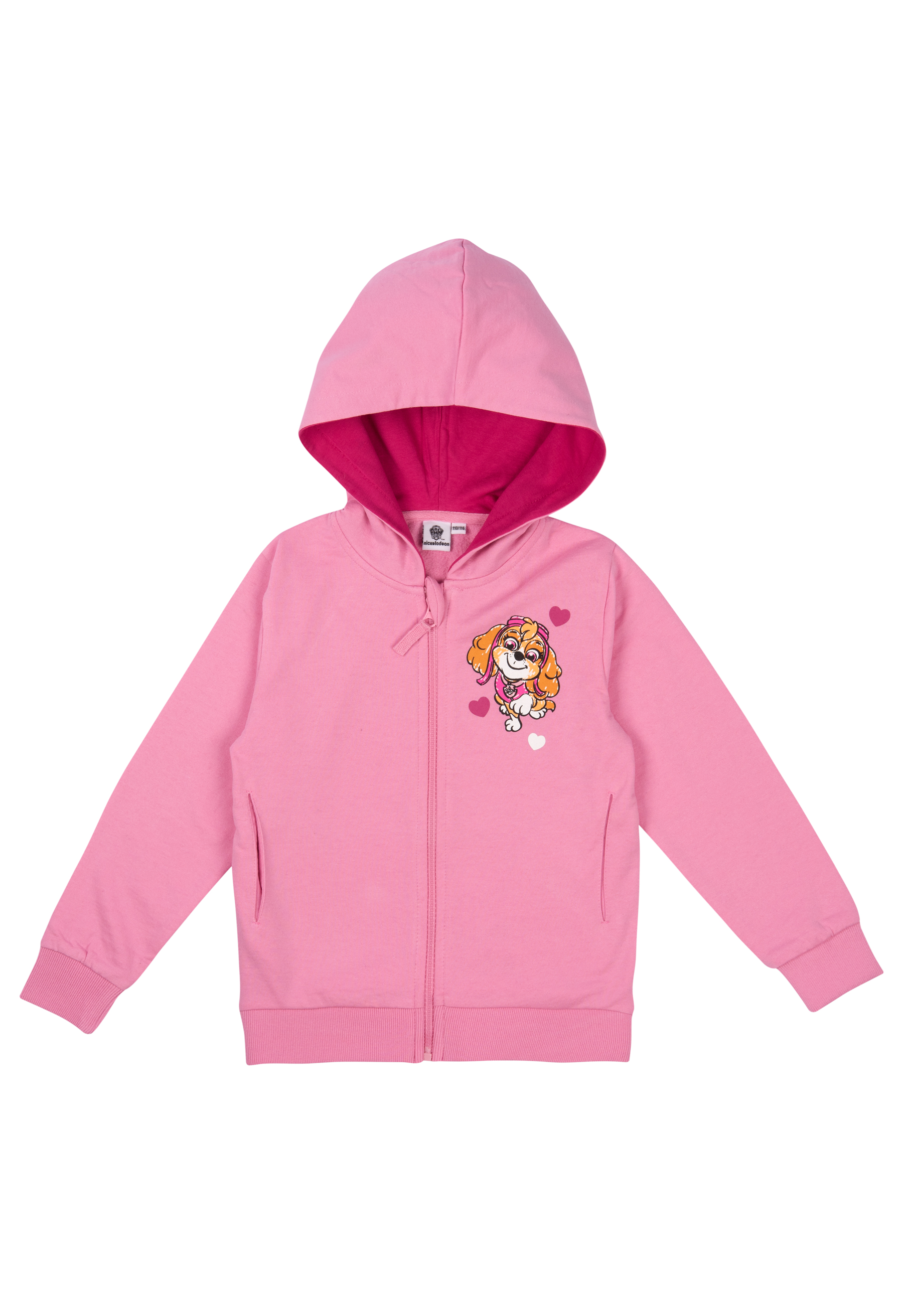 Rosa Kapuzenpullover mit einem Skye Paw Patrol-Design. Er hat einen Reißverschluss und eine Kapuze.