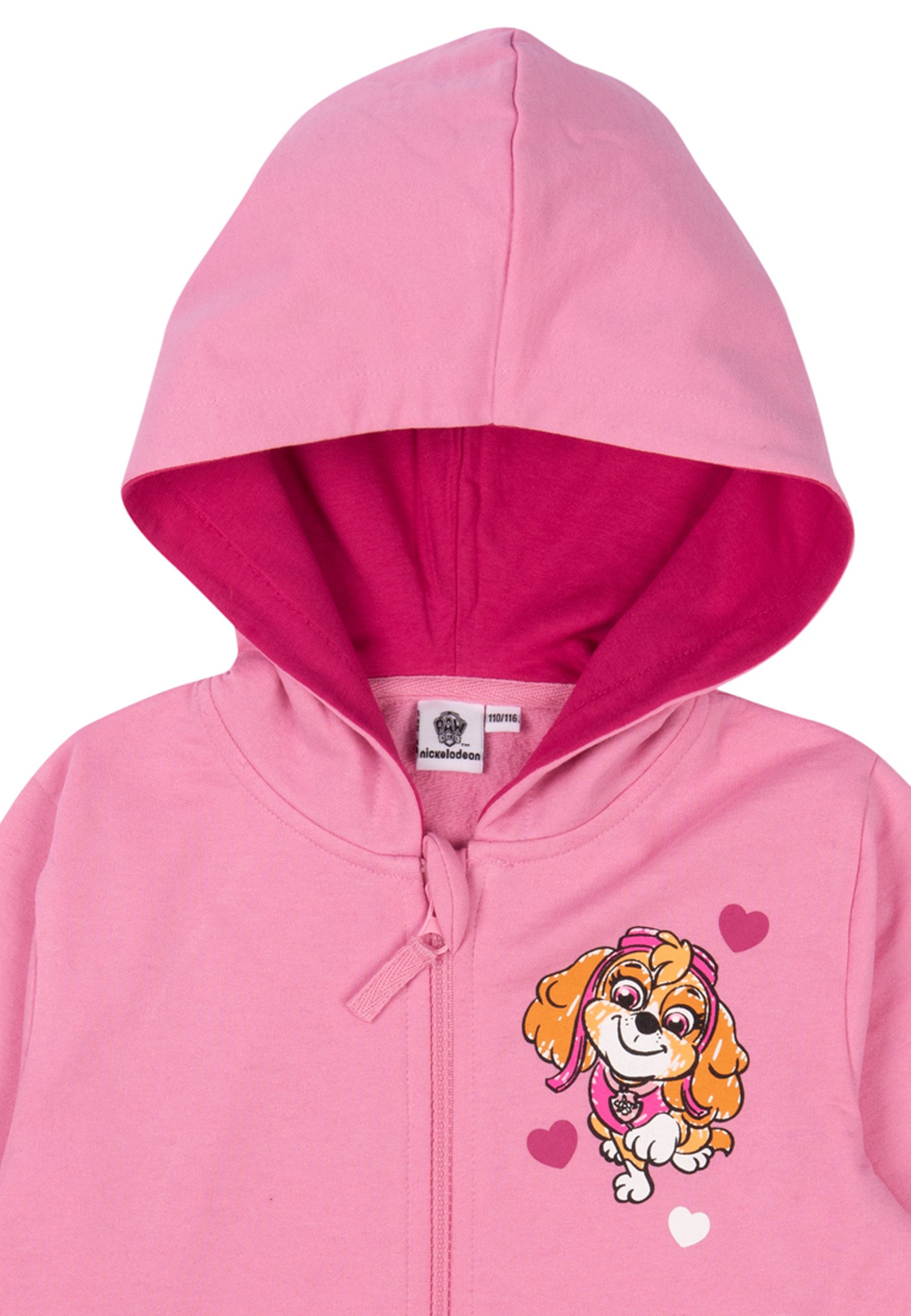 Rosa Kapuzenpullover mit Skye von Paw Patrol. Rosa Kapuzeninnenseite. Reißverschluss vorne.