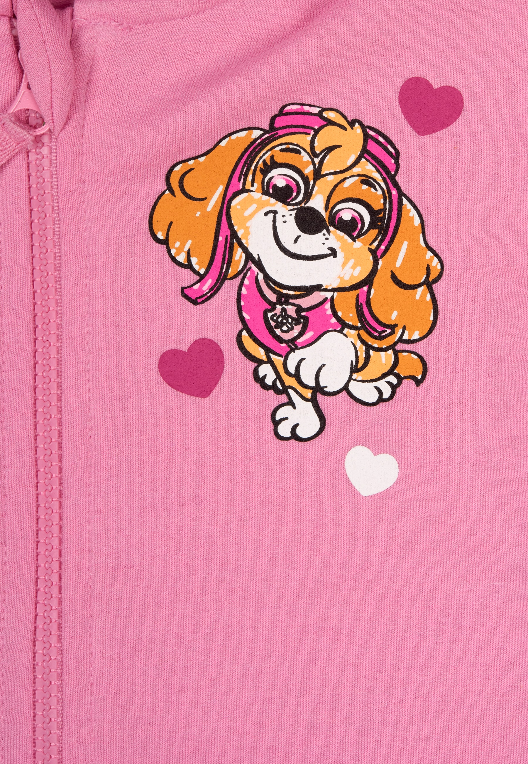 Rosa Kapuzenjacke mit Skye von Paw Patrol. Weiße Herzen. Weißer Hintergrund.