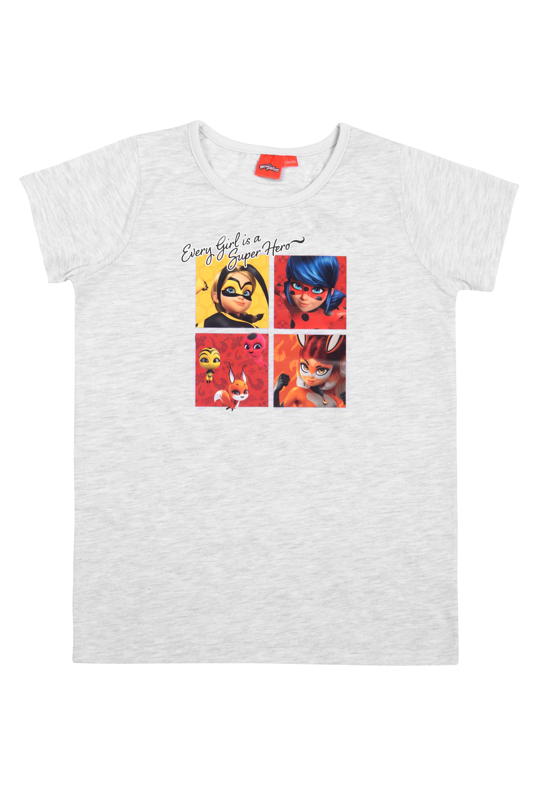 Graues T-Shirt mit Miraculous-Charakteren. Weißer Hintergrund.