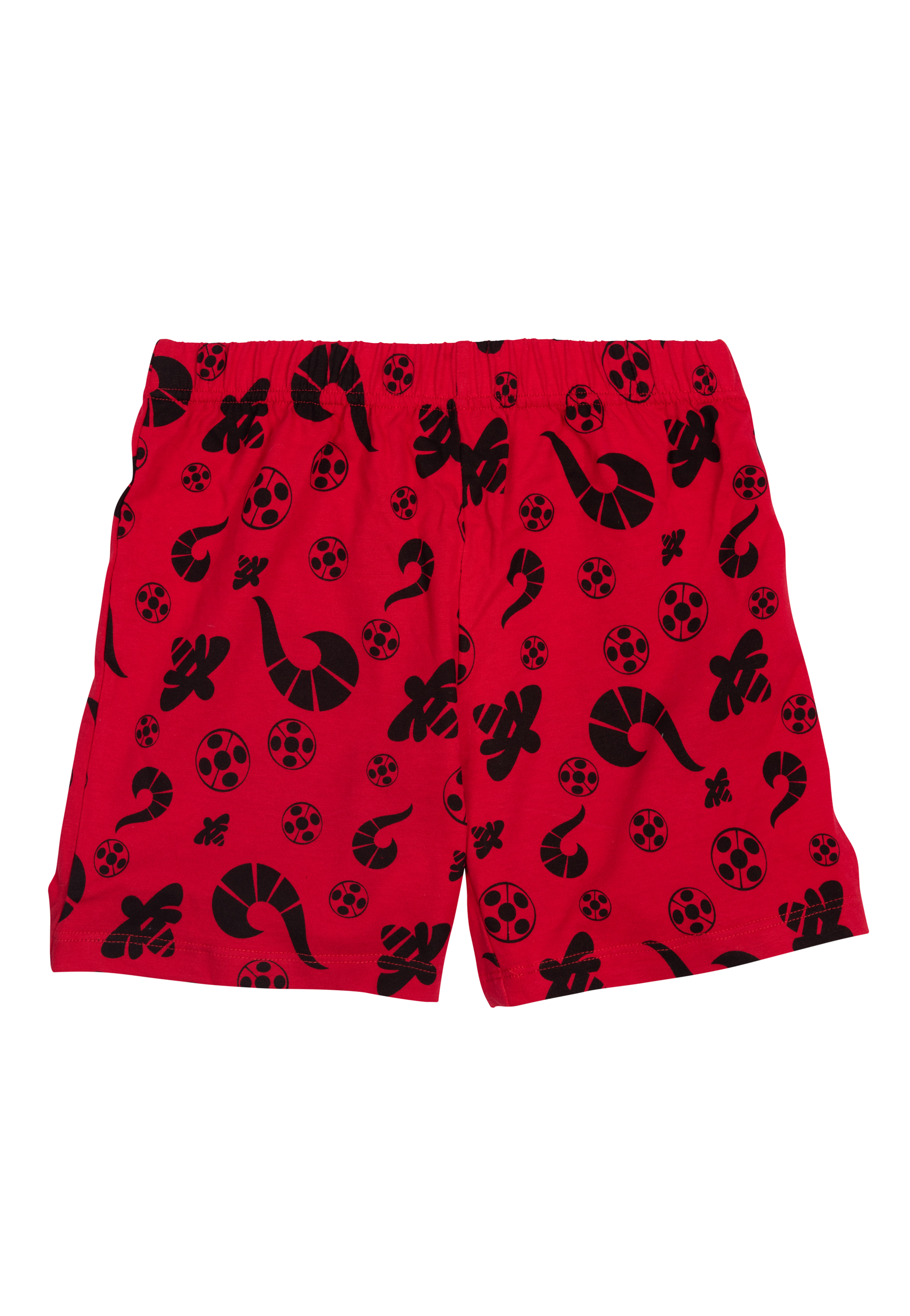 Rote Shorts mit sich wiederholenden schwarzen Mustern von Hörnern und Fußbällen. Einfaches Design.