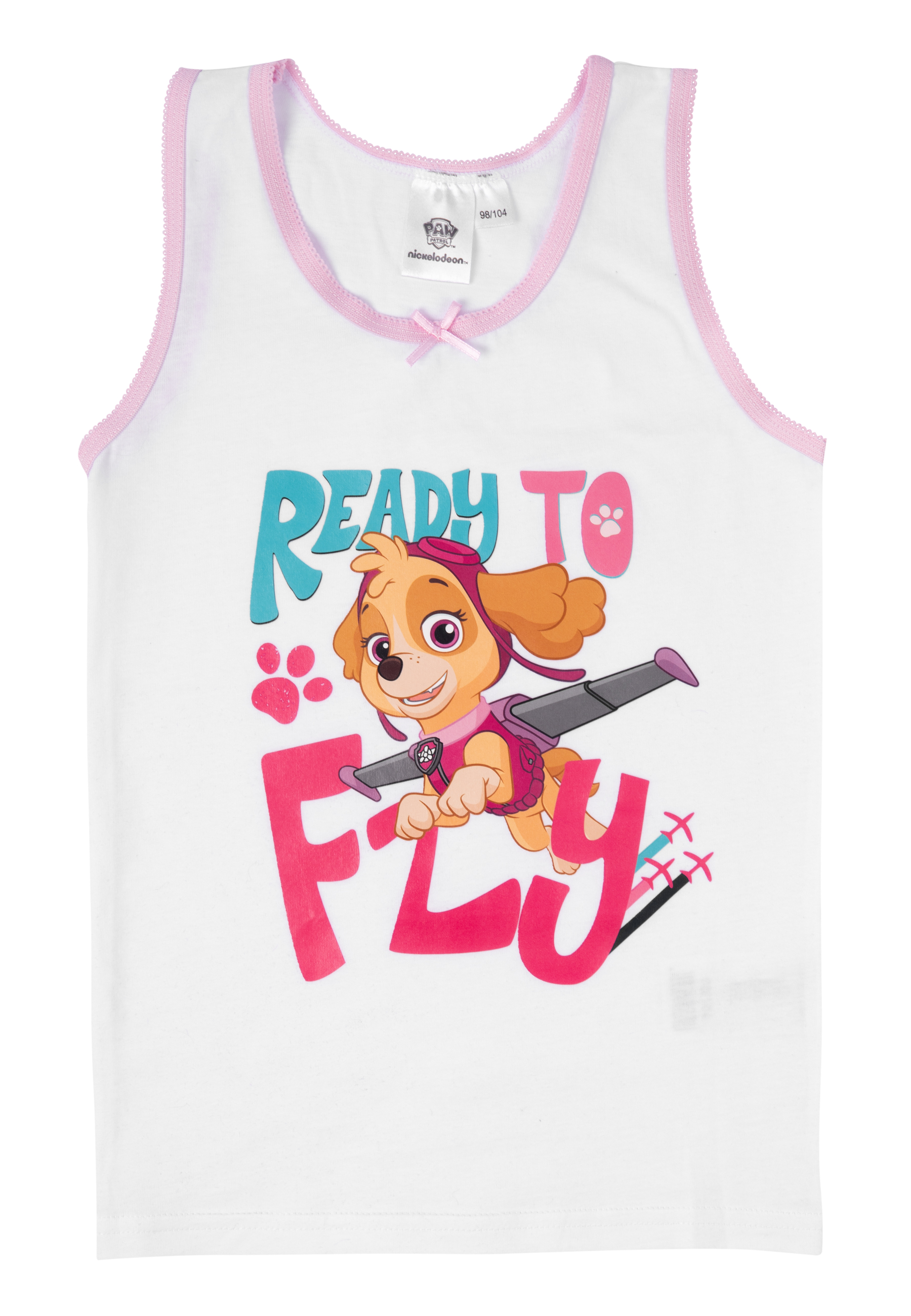 Weißes Tanktop mit Paw Patrols Skye. Die Worte 'Ready to Fly' sind geschrieben.