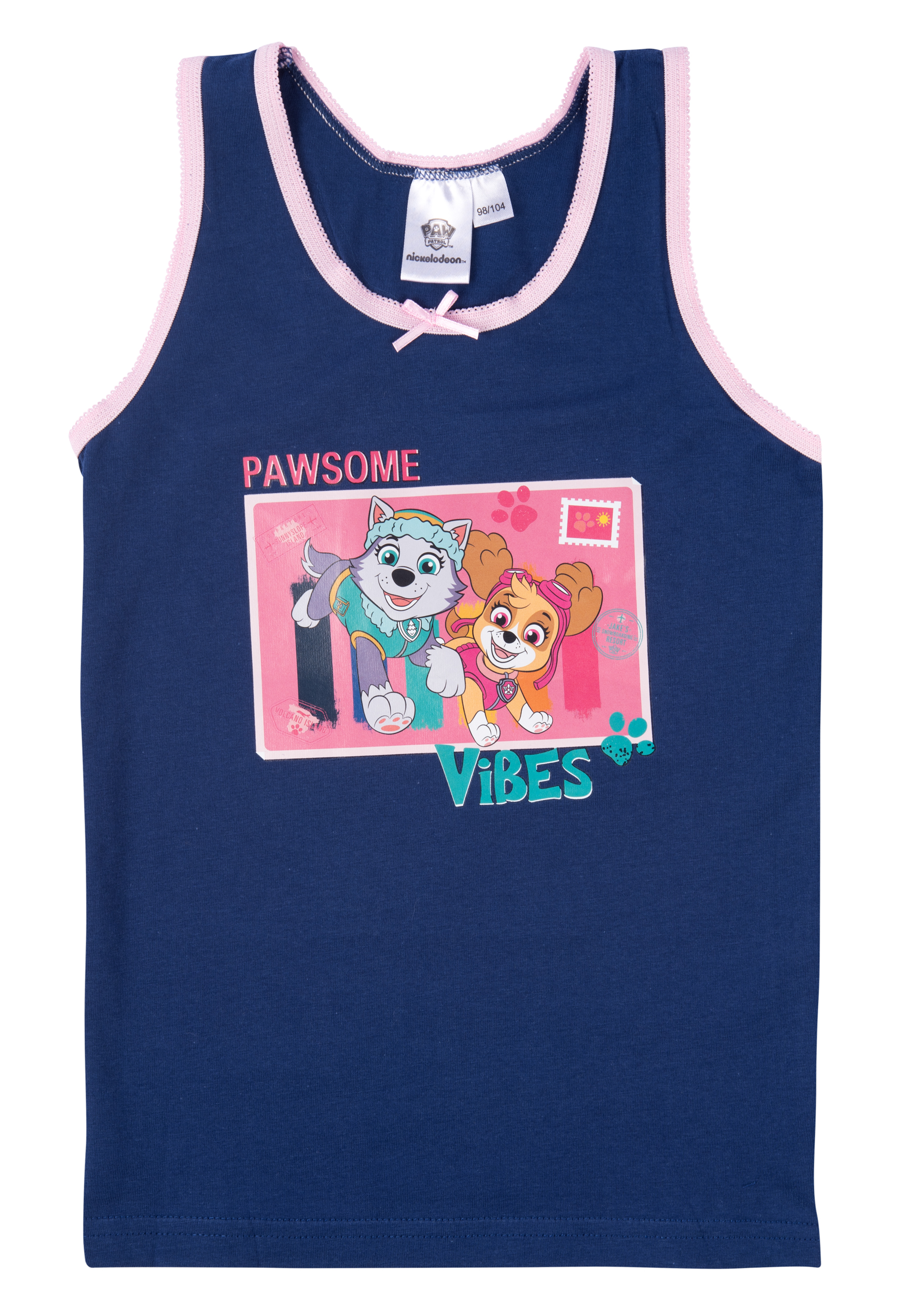 Marineblaues Tanktop mit Paw Patrol-Figuren. Rosa Besatz und Schleife.