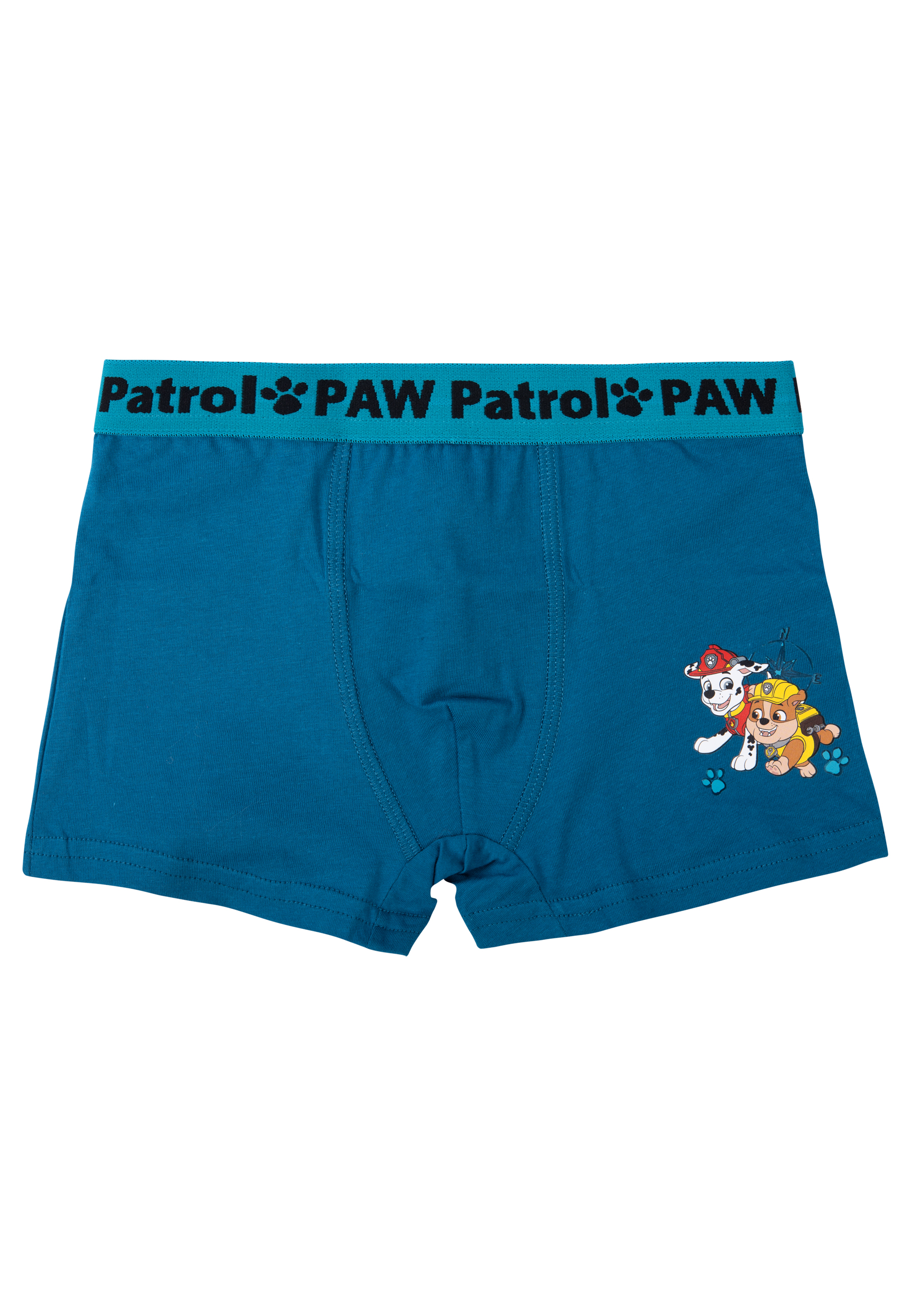 Türkisfarbene Paw Patrol Boxershorts. Charaktere sind auf der rechten Seite.